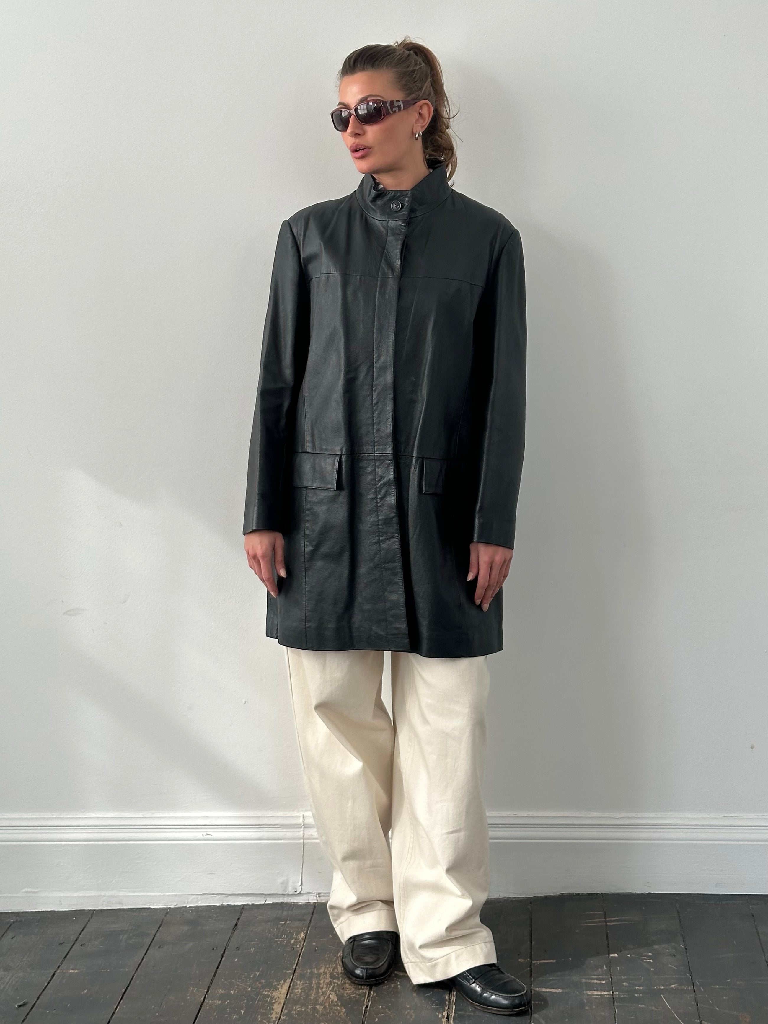 Vintage 1990s Collarless Leather Trench Coat - L/XL