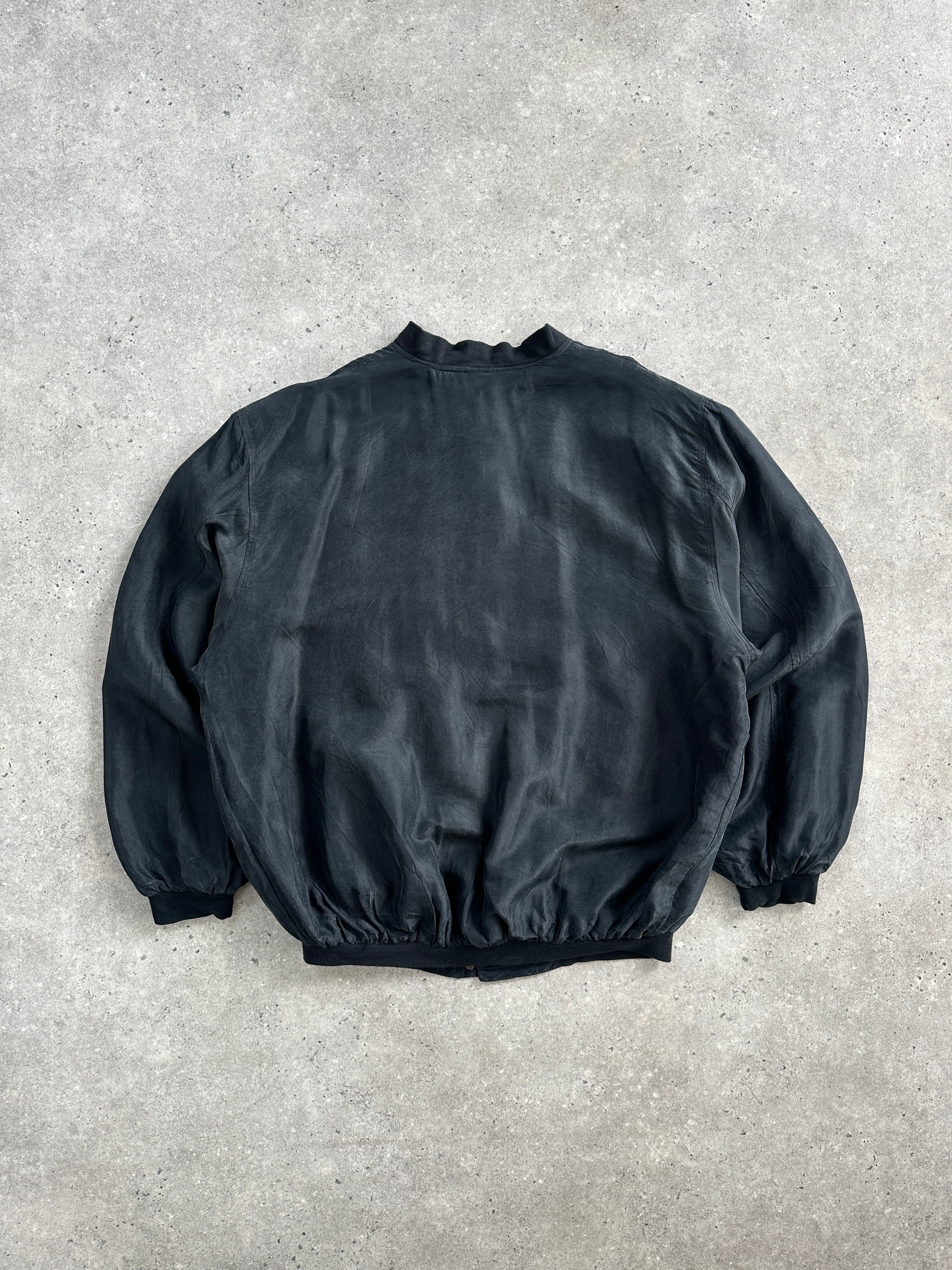 Pierre Cardin 1990s pure silk bomber jacket in XL, shown in navy blue with ribbed cuffs and collar, stylish vintage outerwear