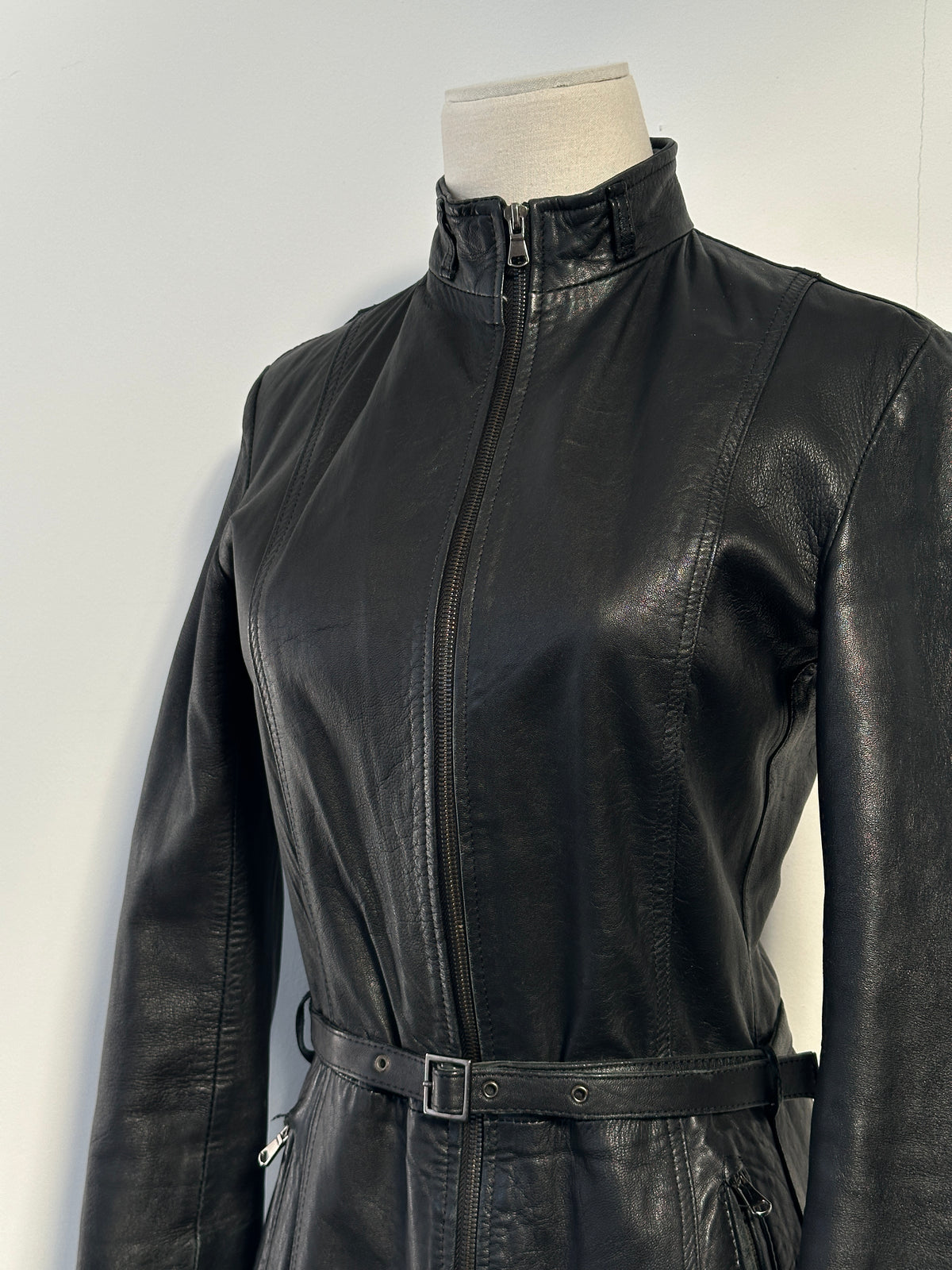 Italian Vintage 1990s Double Zip Belted Leather Jacket - XS