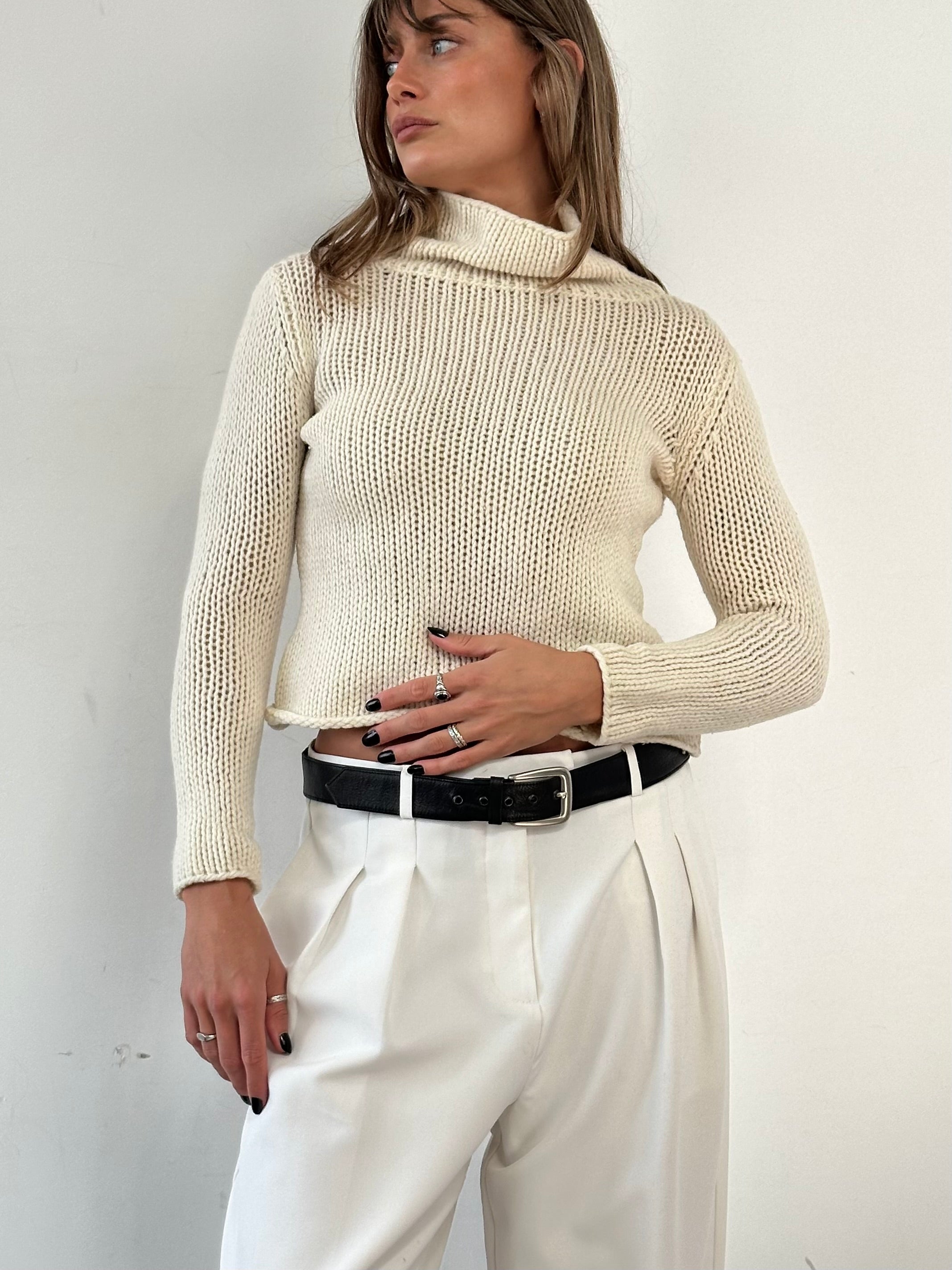 Max Mara Weekend wool knitted crop roll neck jumper in size S, featuring a cozy, fitted design with ribbed knit texture.