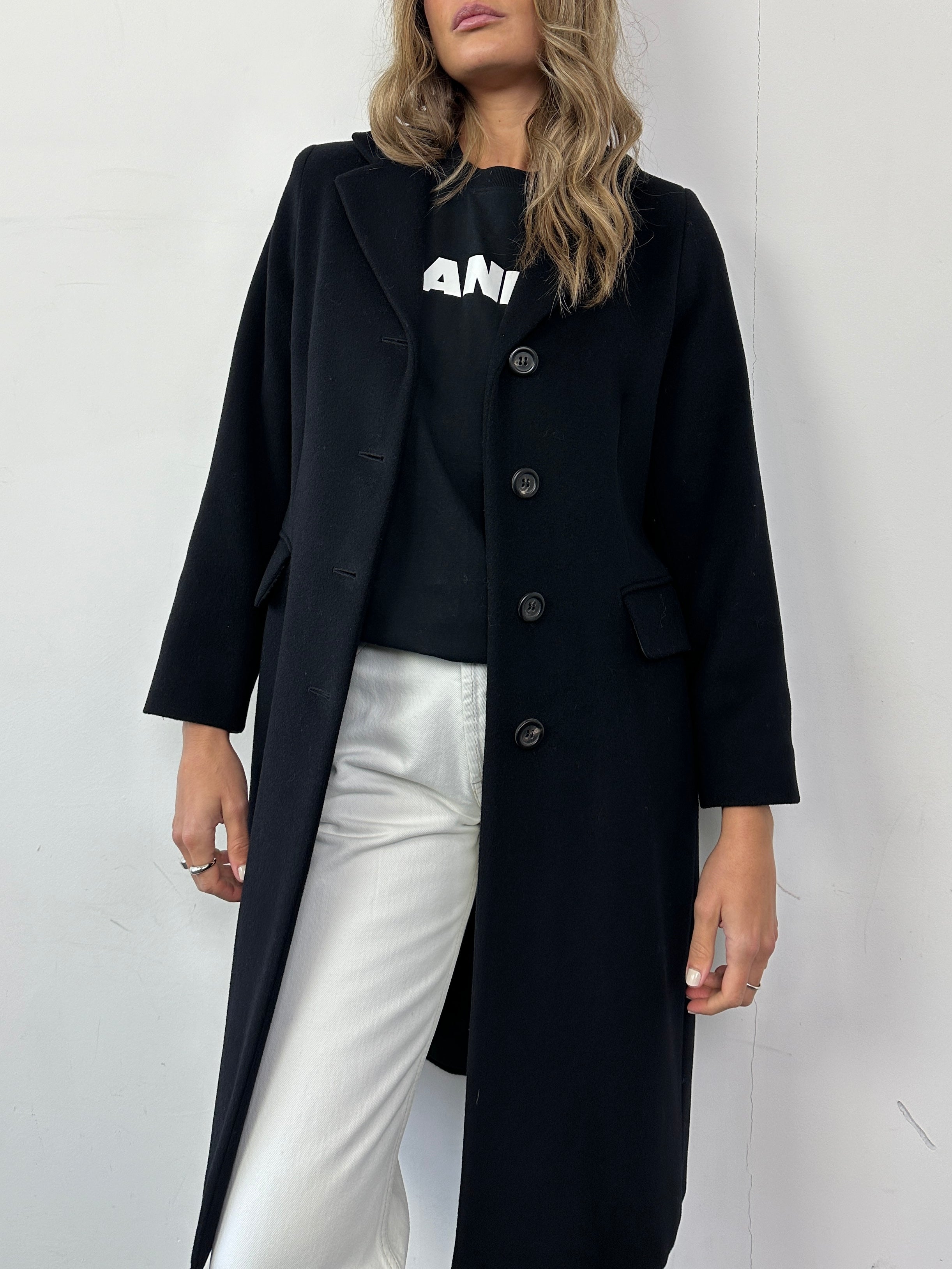 Marella virgin wool single-breasted coat in XS/S, dark color, showing front view with lapel collar and tailored fit.