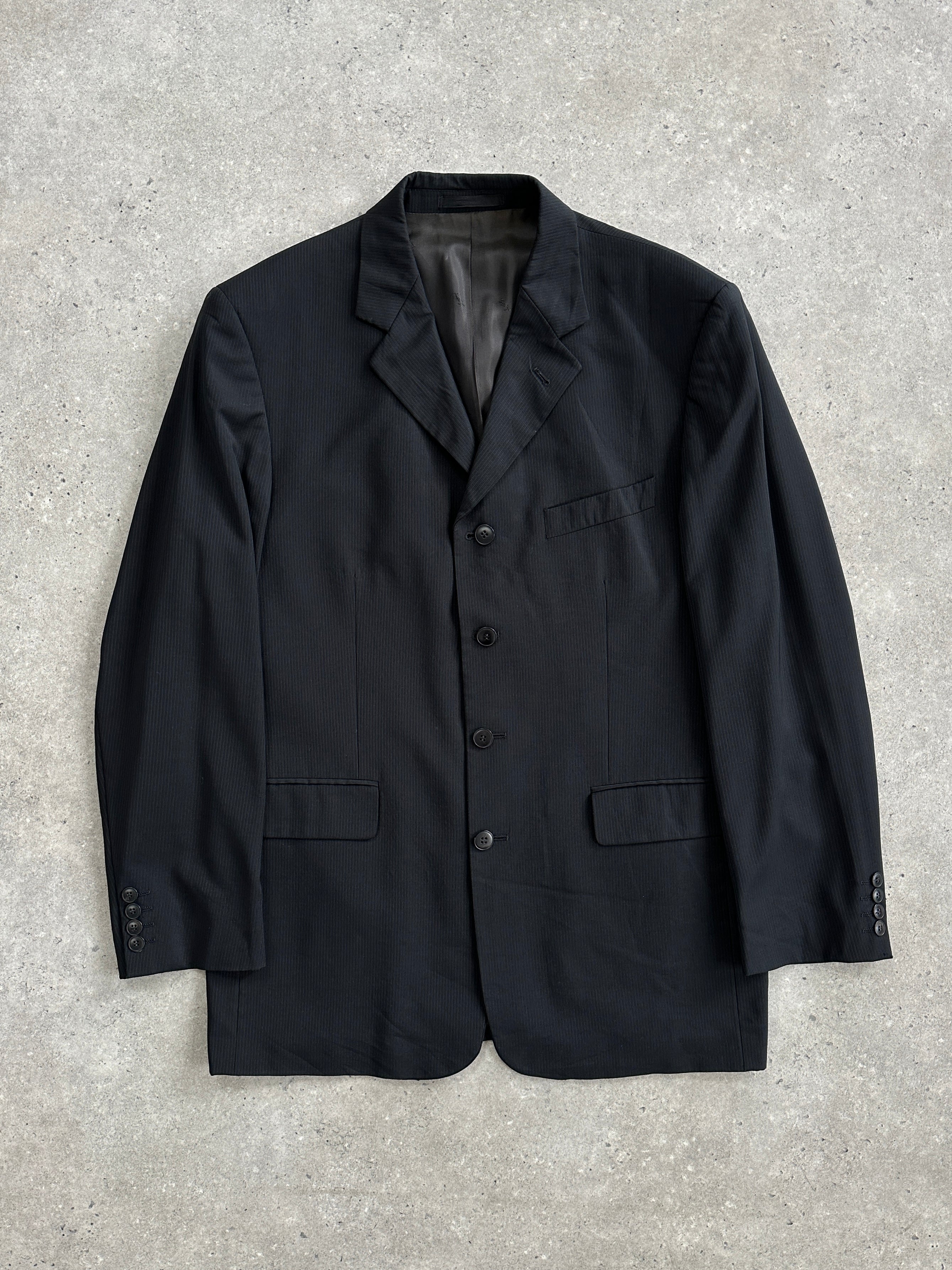 Yves Saint Laurent Pour Homme 1990s pure wool pinstripe blazer in size 42R/XL, featuring classic tailored fit and pinstripe pattern.
