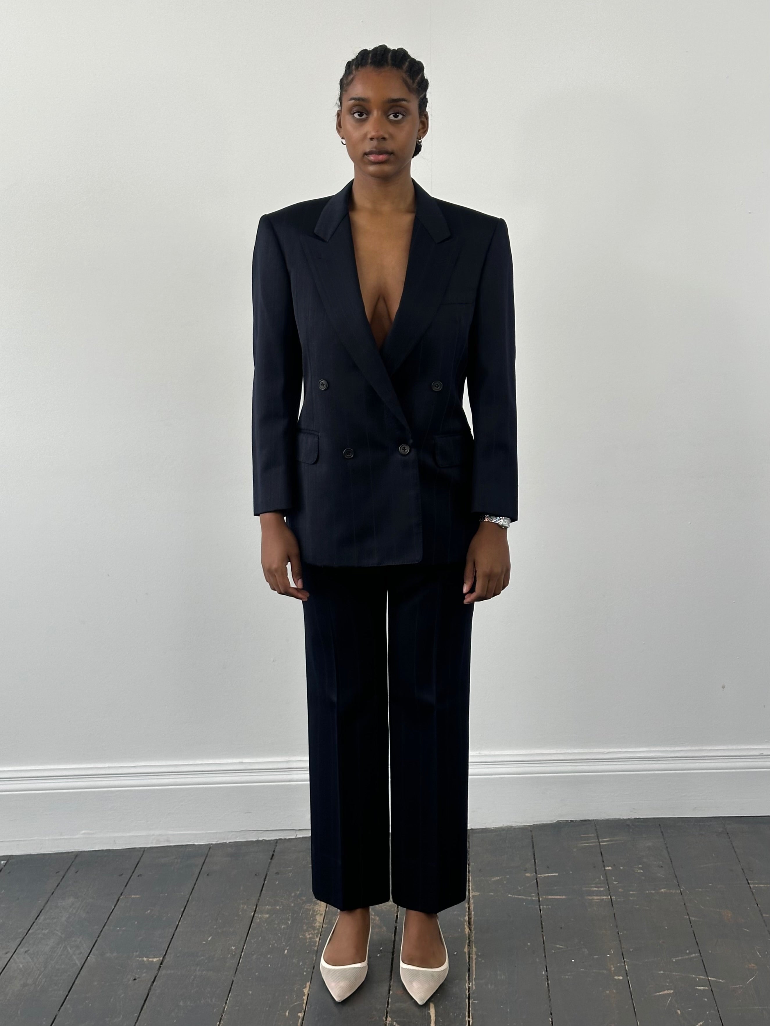 Burberry 1990s pure wool striped double-breasted suit jacket with notch lapels and classic tailoring, size 36S/W28.