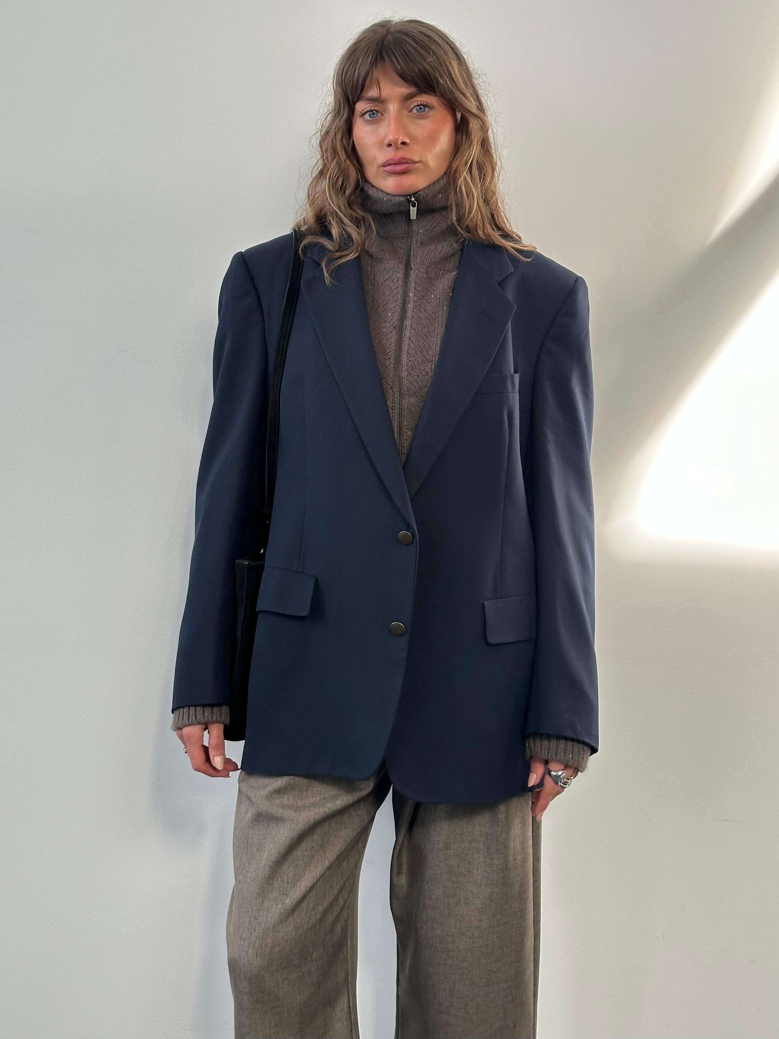 Christian Dior Monsieur 1990s pure wool single-breasted blazer in size 44R/XL, navy blue with classic lapel and button details.