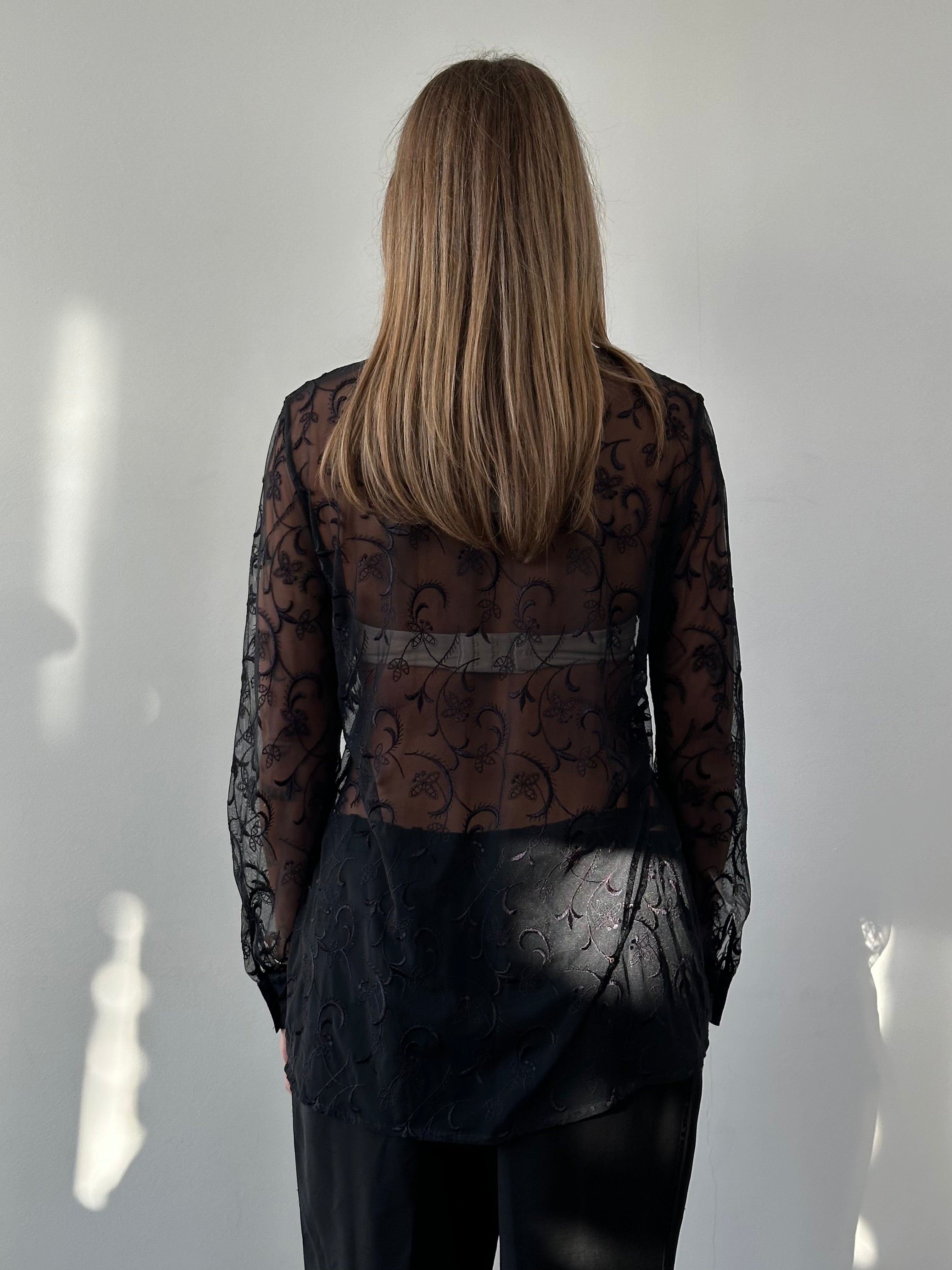Vintage lace sheer silk trim shirt in size L featuring delicate lace details and lightweight silk fabric, casual and elegant style.
