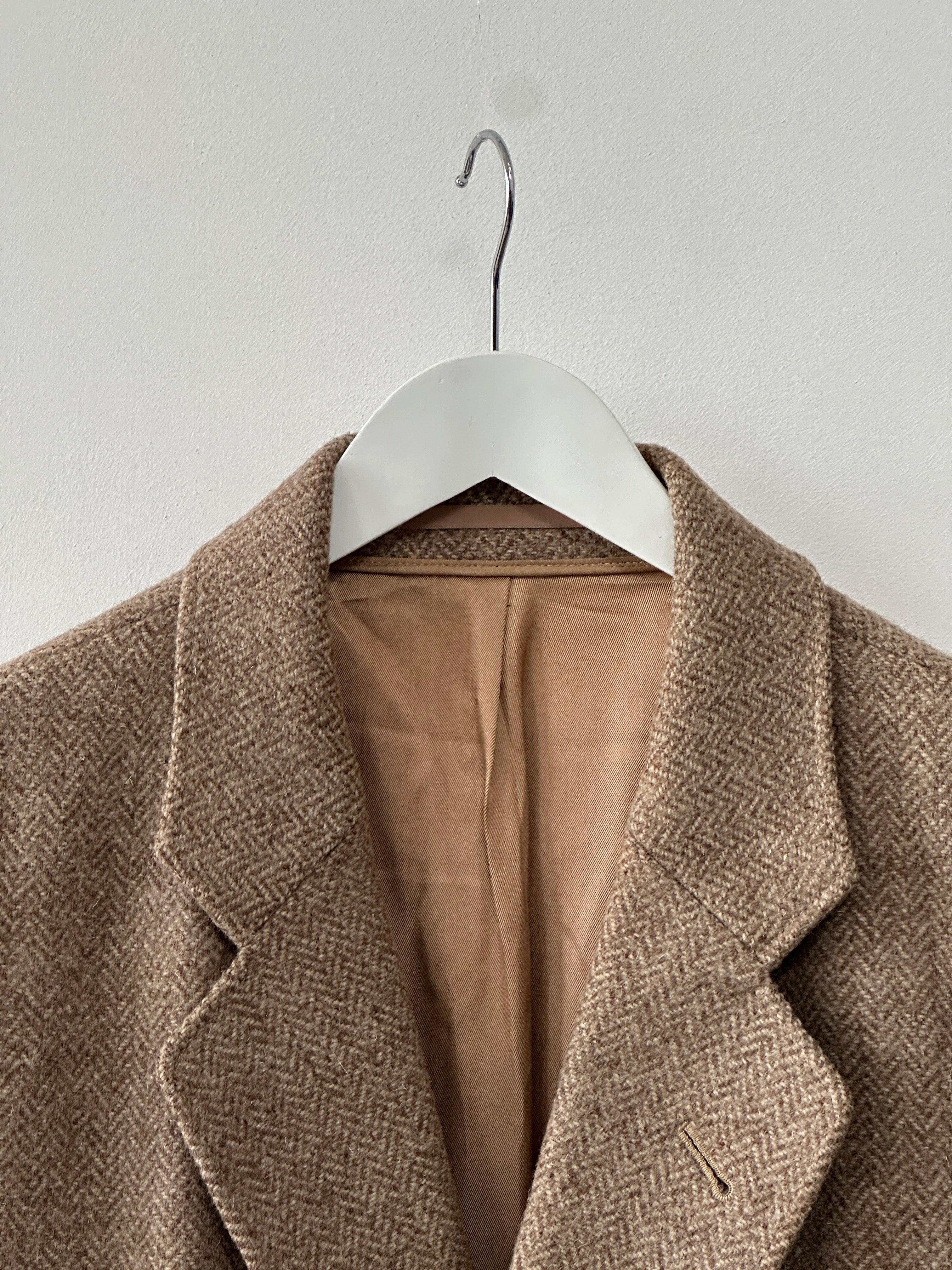 Vintage wool herringbone double-breasted coat in XL size, classic style with tailored fit and button details.