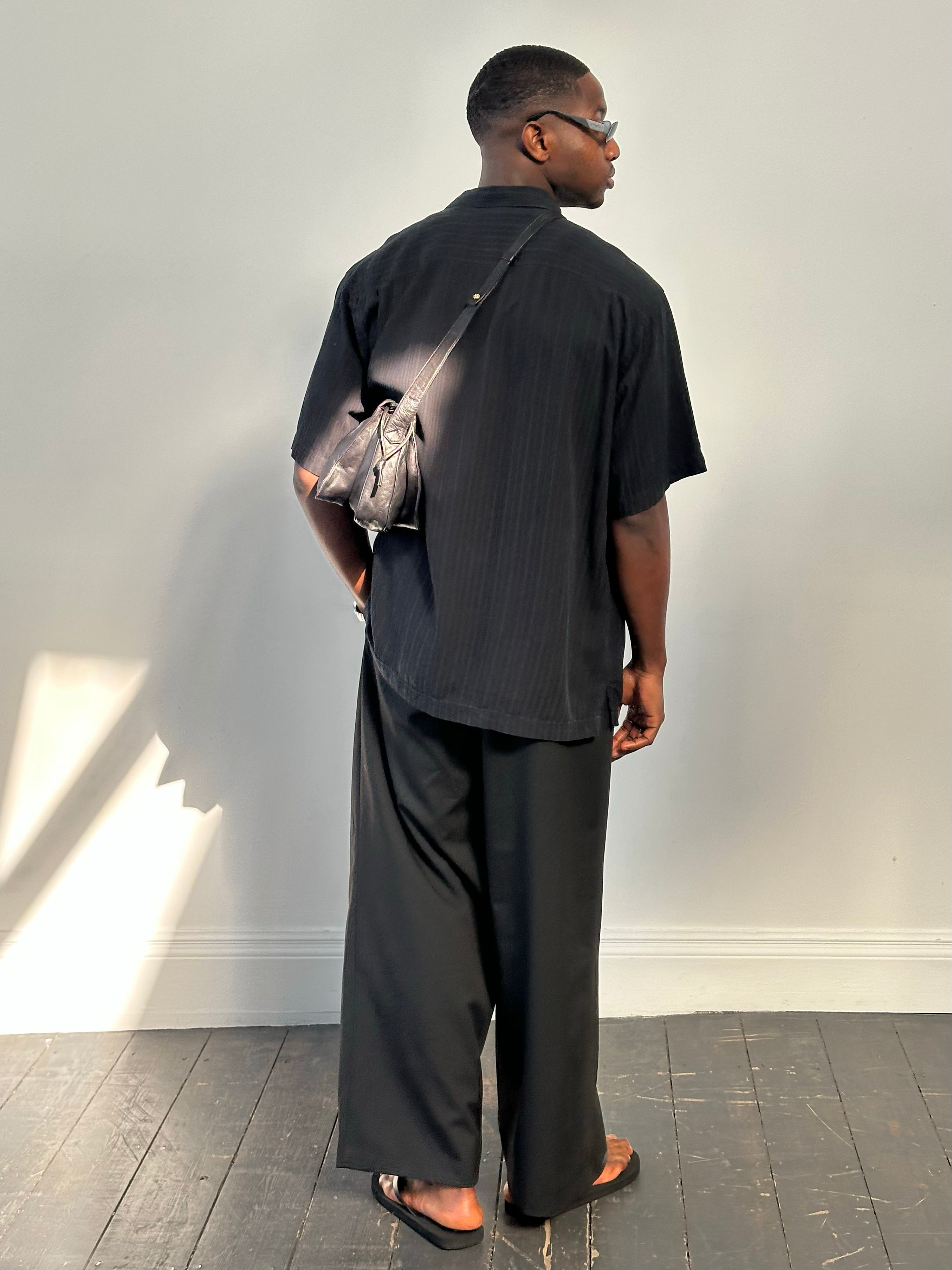 Vintage 2000s pure silk relaxed short sleeve shirt in XL, displayed flat with soft fabric and classic collar detail.