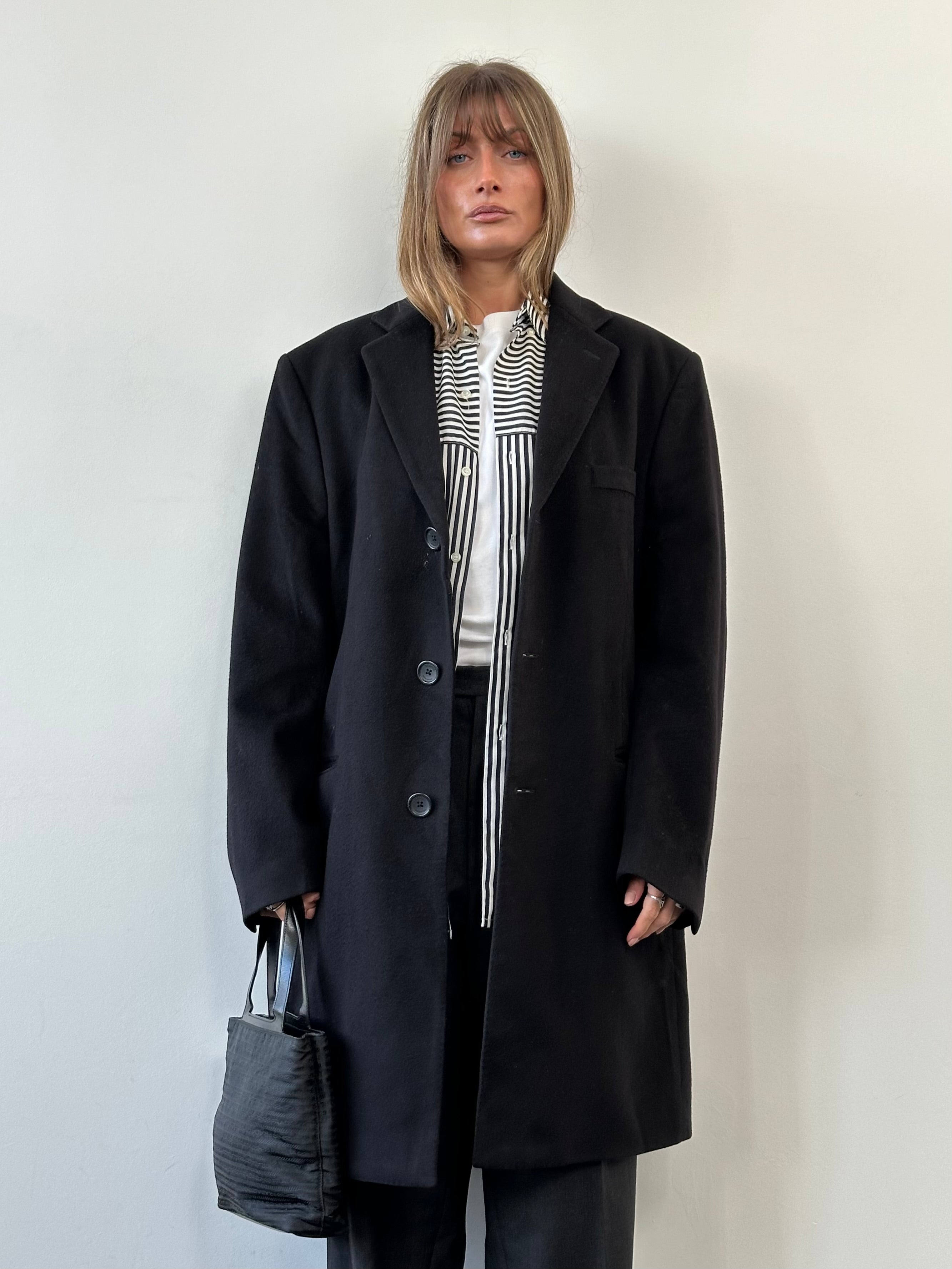 Versace Collection wool cashmere single-breasted coat in XL, stylish black coat with classic lapels and tailored fit.