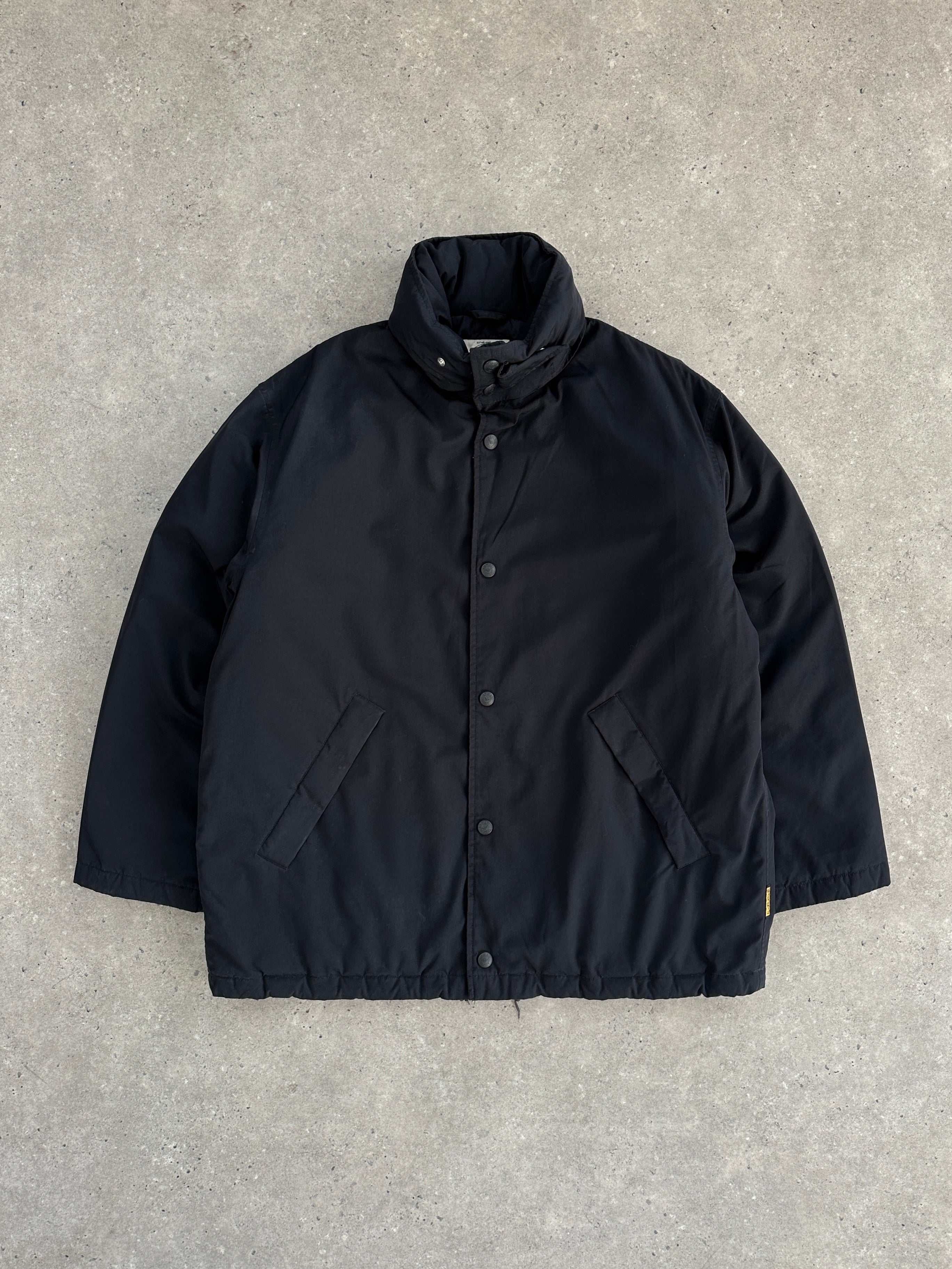 Armani Jeans padded hooded jacket in black, size XL/XXL, with quilted design and front zipper, suitable for cold weather.