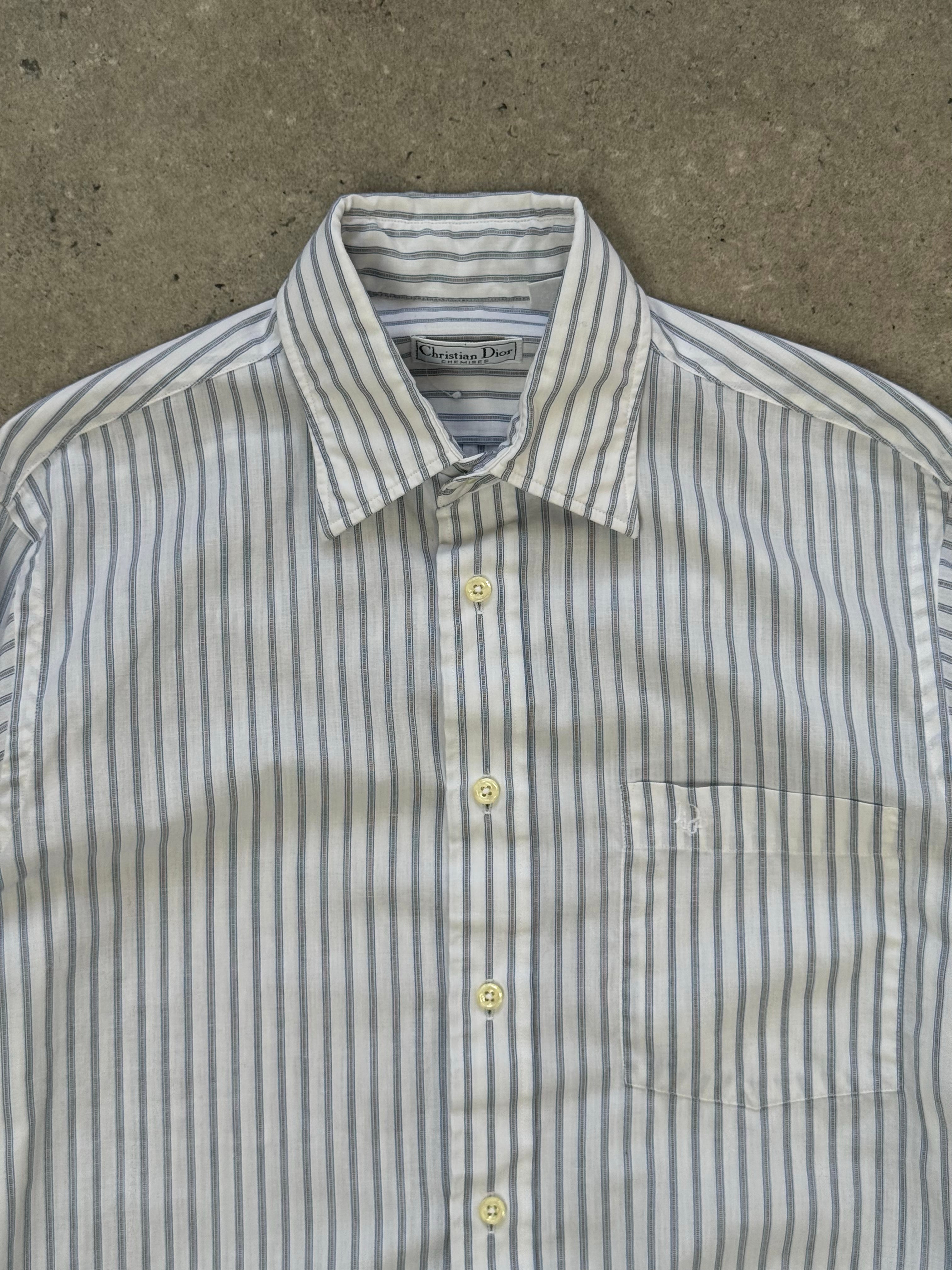 Christian Dior 1990s cotton striped logo shirt, men's size S, vintage designer shirt with classic Dior branding and crisp fabric.