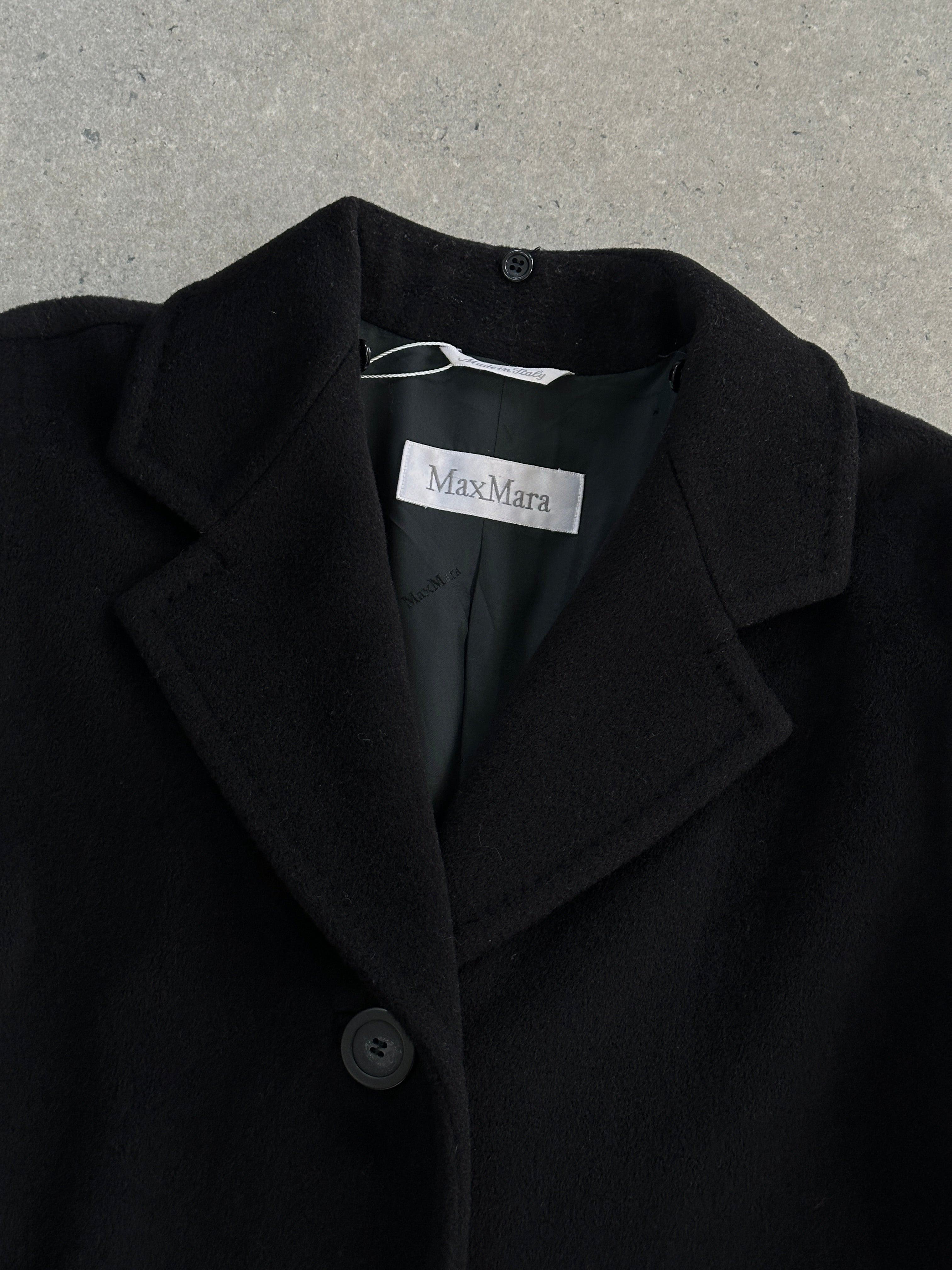 Max Mara wool cashmere A-line coat in XL/XXL, shown on a hanger with a classic beige color and tailored design.