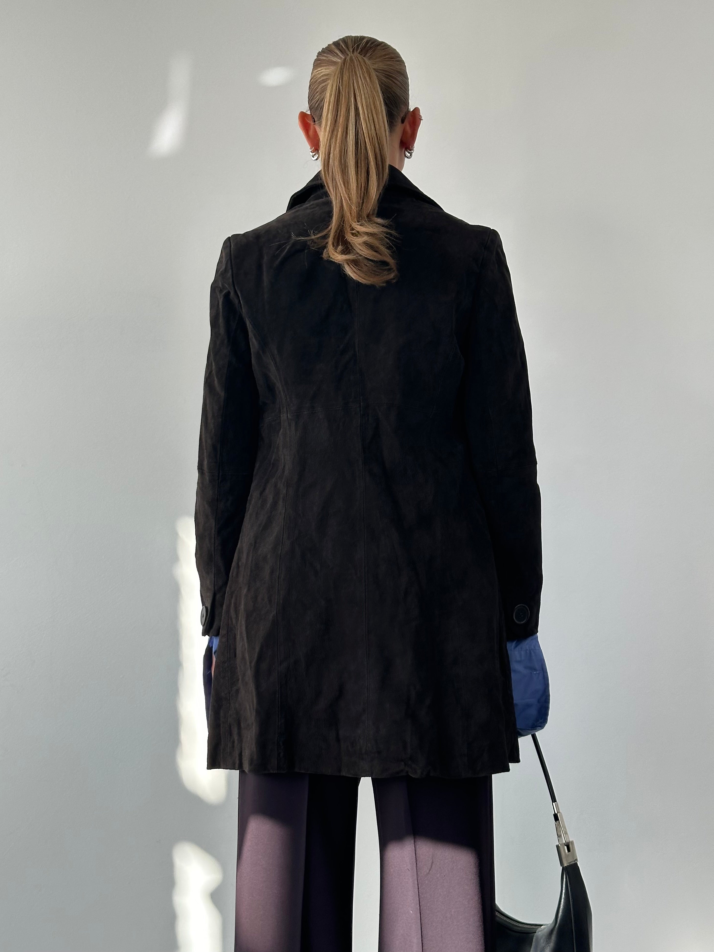 Vintage suede trench coat jacket in size S, featuring classic design and stylish details, displayed on a hanger.