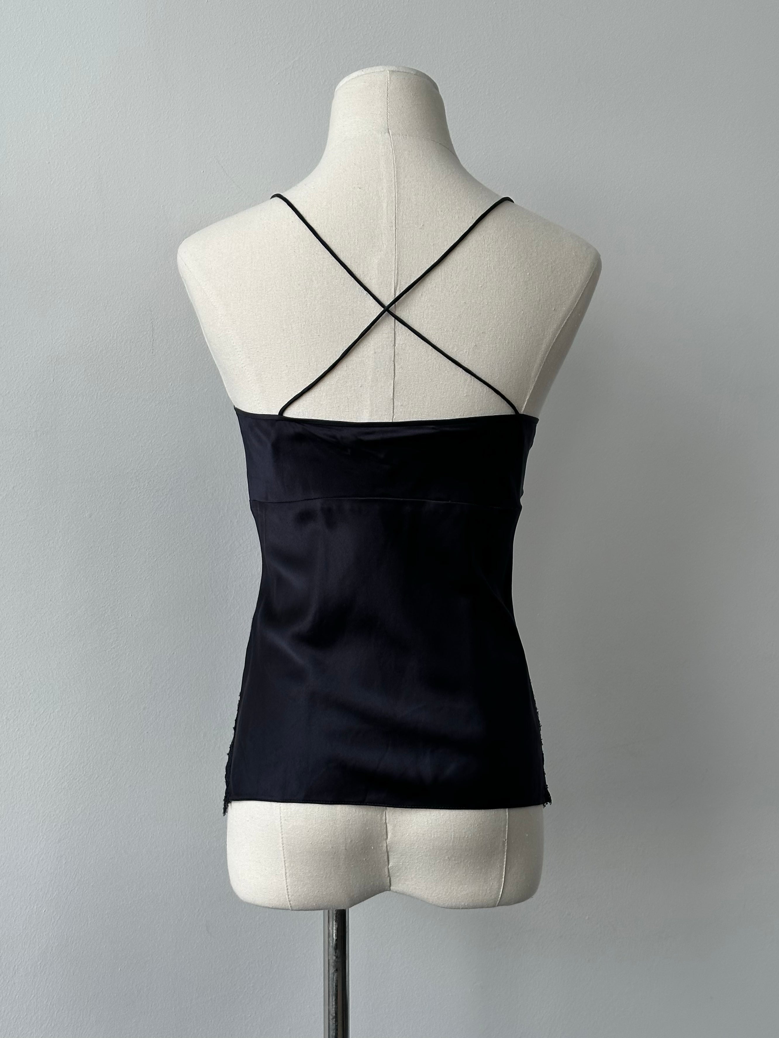 DKNY silk lace cami top in XS, featuring delicate lace details and a smooth silk fabric, styled as a 2000s fashion piece.