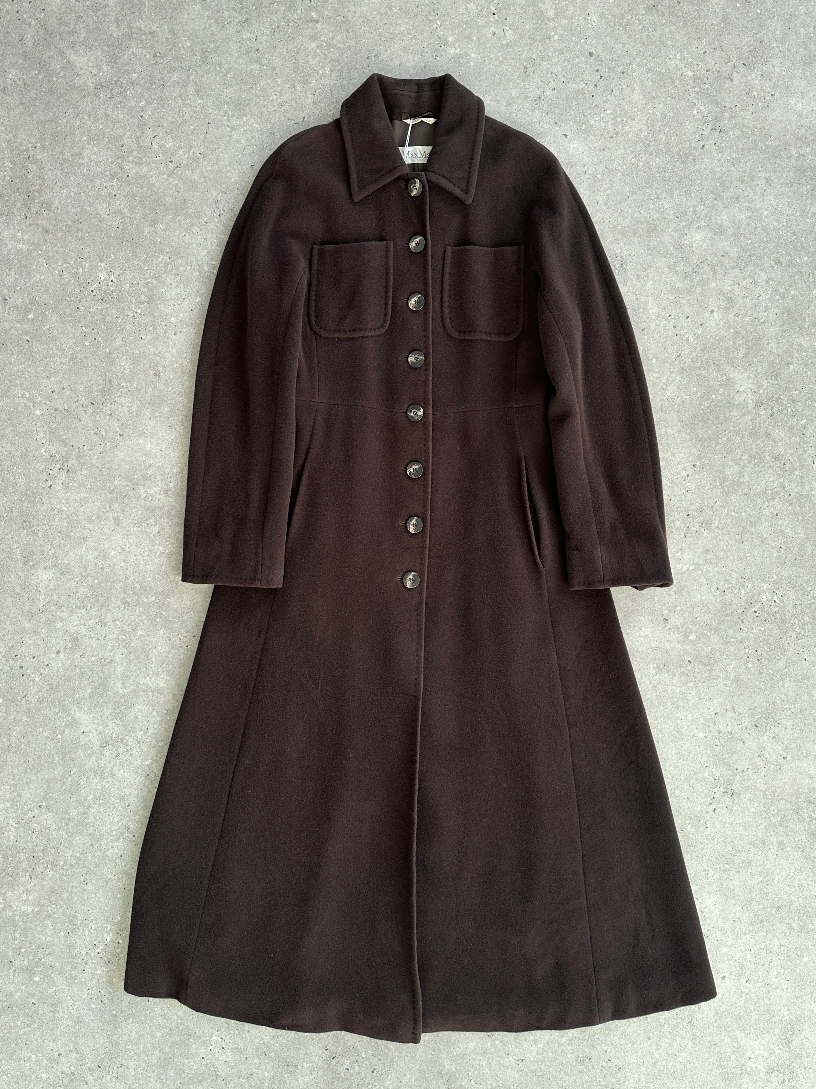 Max Mara pure wool A-line floor length coat in size M, shown on a hanger with detailed fabric texture.