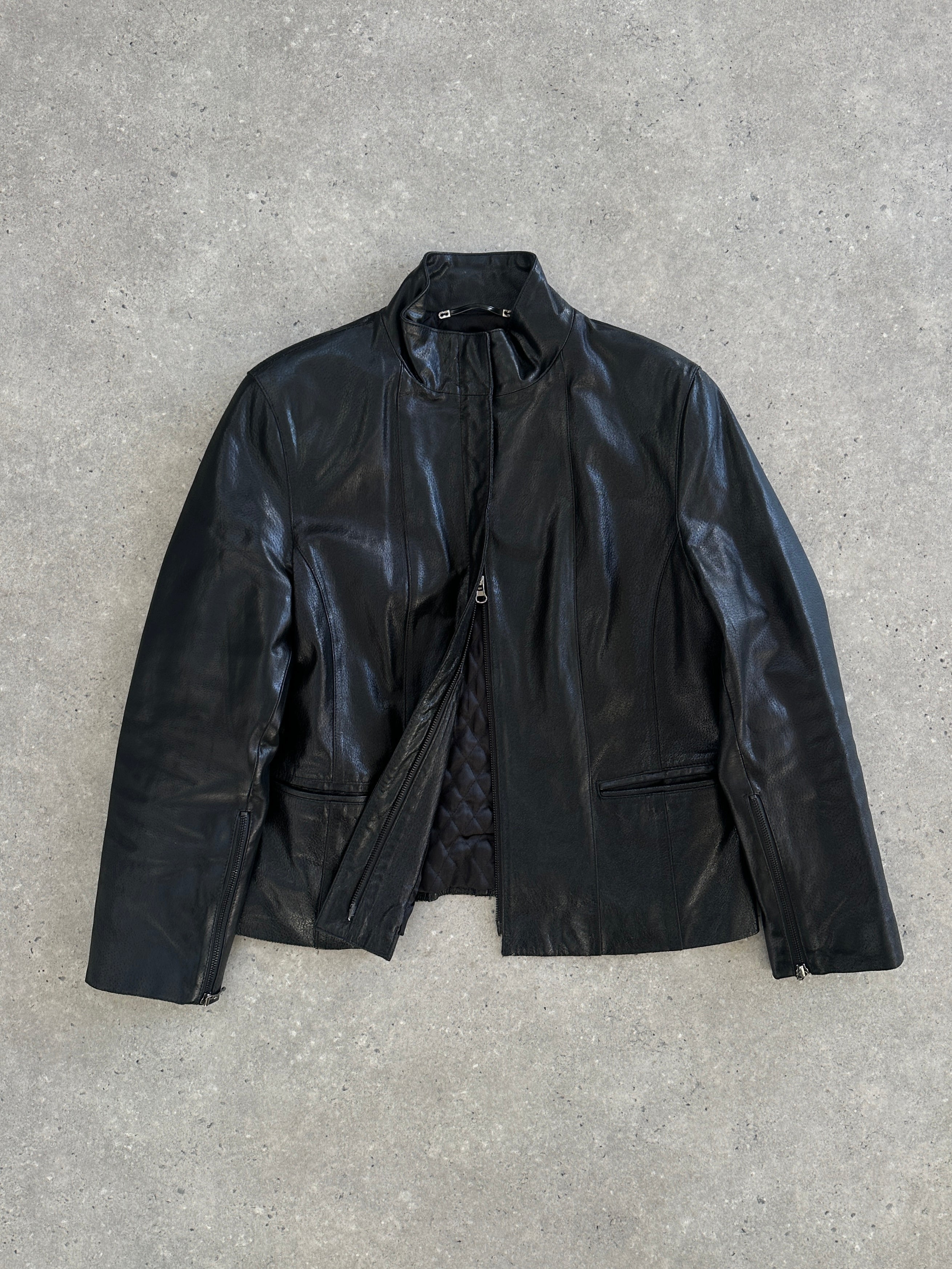 Vintage 1990s high neck leather jacket with double zips, black leather, fitted style, and classic retro design.