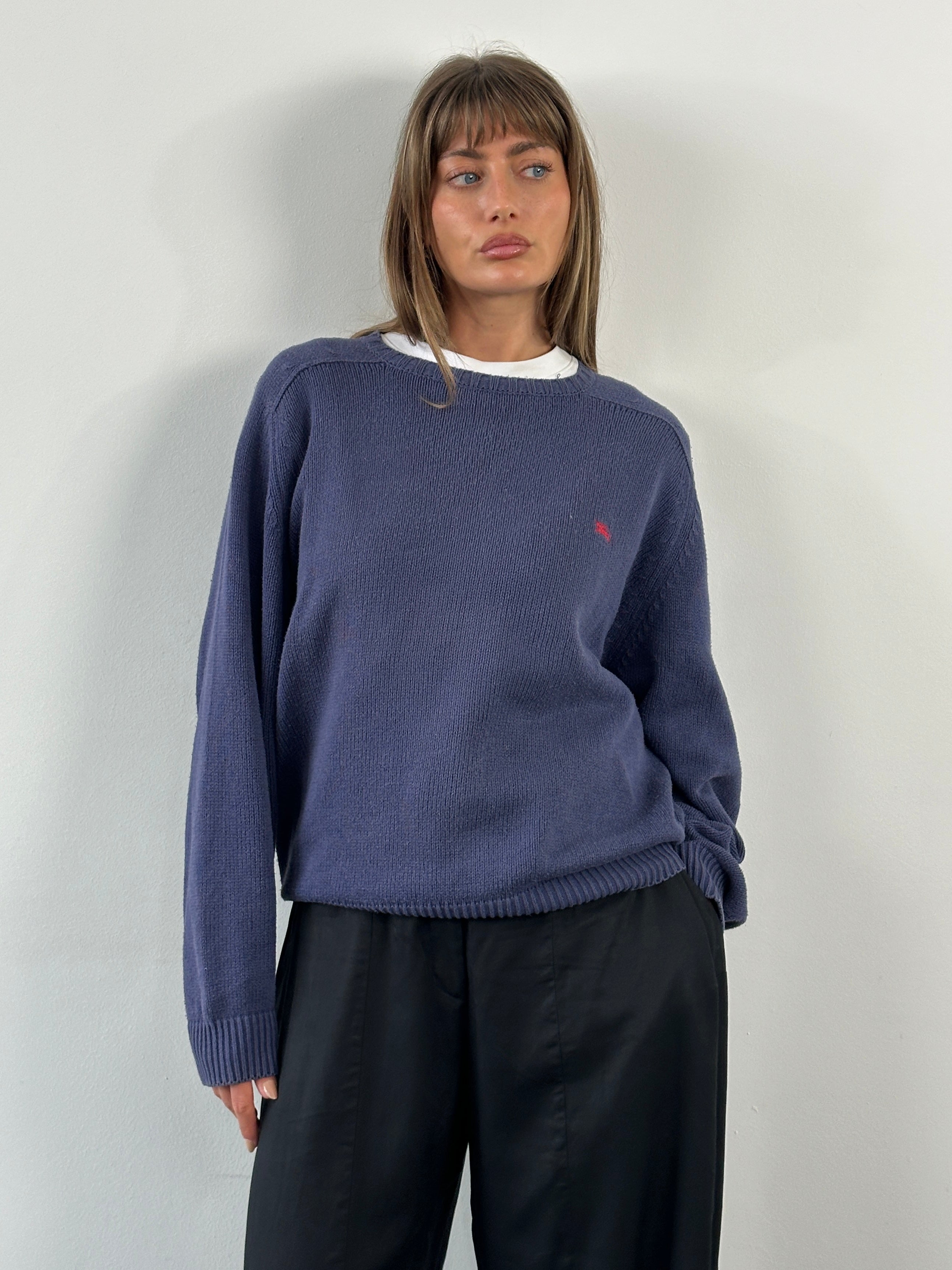 Burberry 1990s cotton logo knitted jumper in size L, featuring classic Burberry branding and a cozy, textured knit fabric.