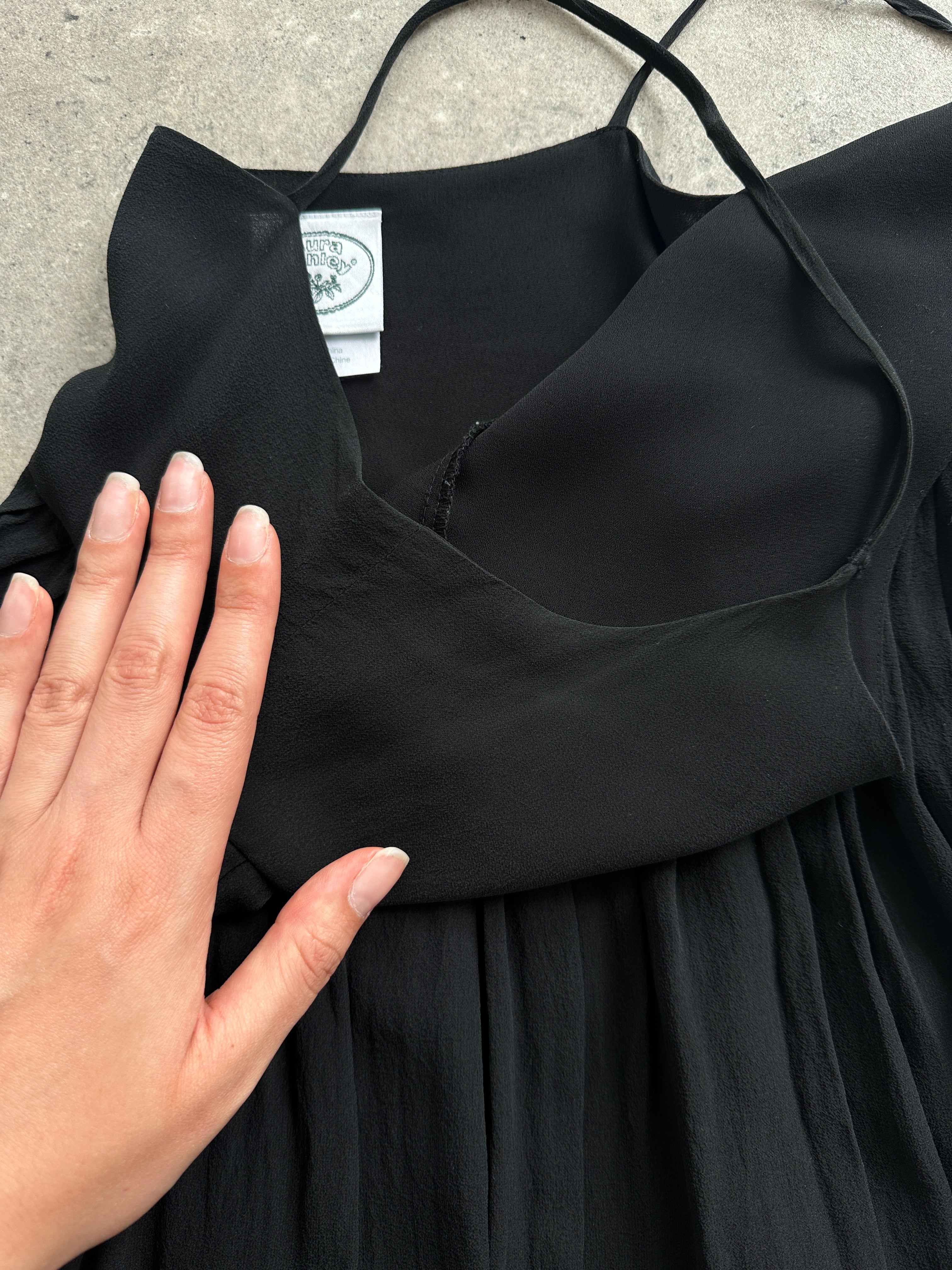 Laura Ashley pure silk pleated slip dress in XS, featuring elegant design and flowing fabric, perfect for stylish occasions