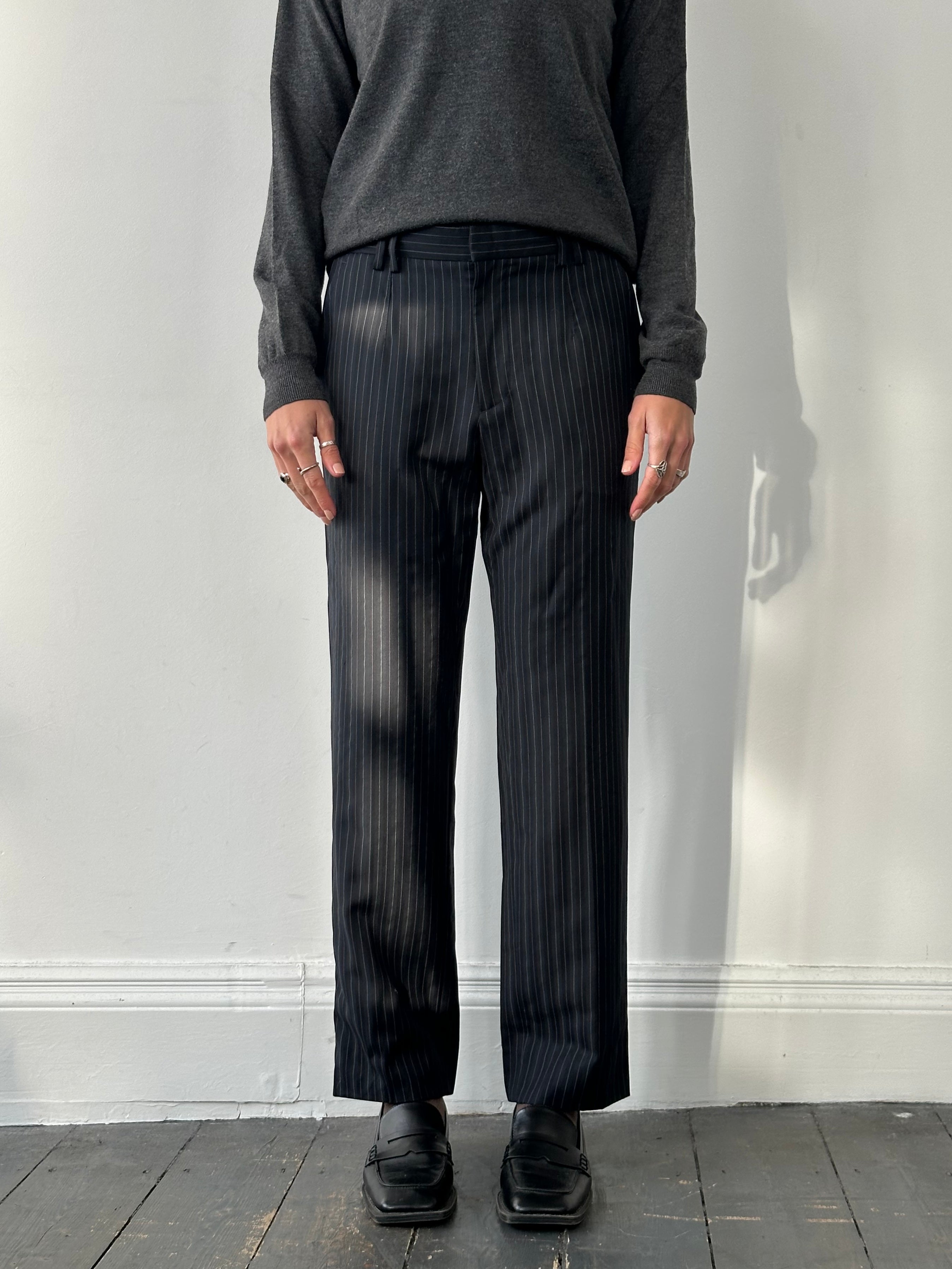 Dolce & Gabbana pure wool mid-low rise stripe trousers, W32, showcasing a tailored fit and stylish pattern in the image.