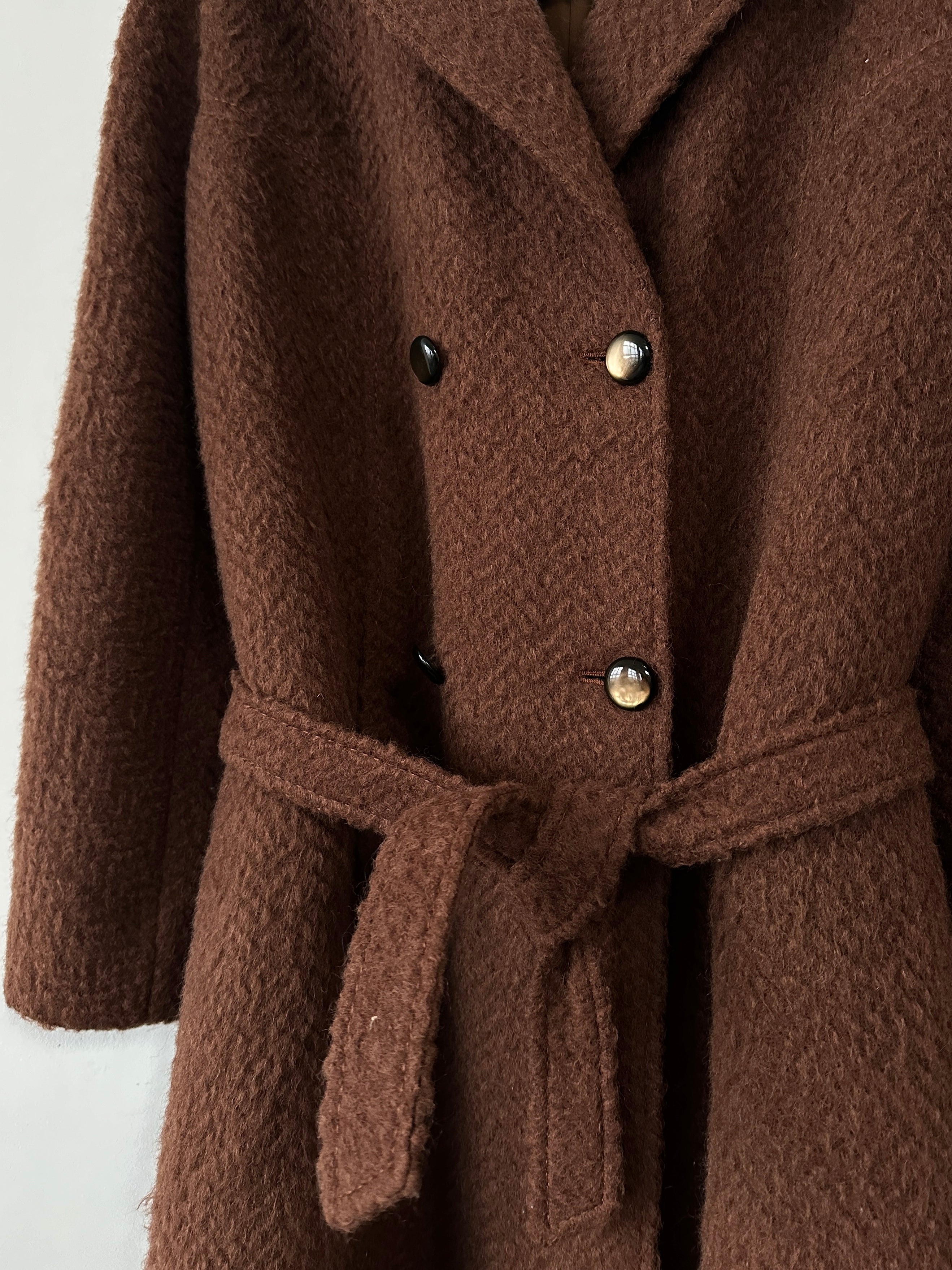 Vintage Italian double-breasted mohair wool coat with belt in a classic vintage style, size small/medium, shown on model.