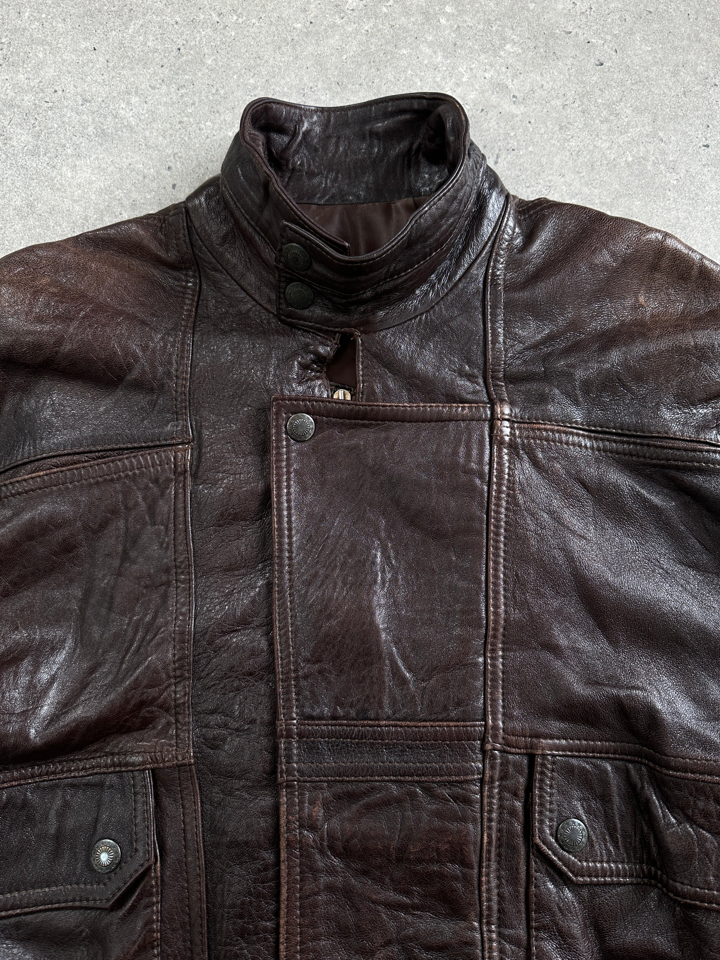 Vintage 1970s high neck leather moto bomber jacket in XL, featuring classic design and black leather material.