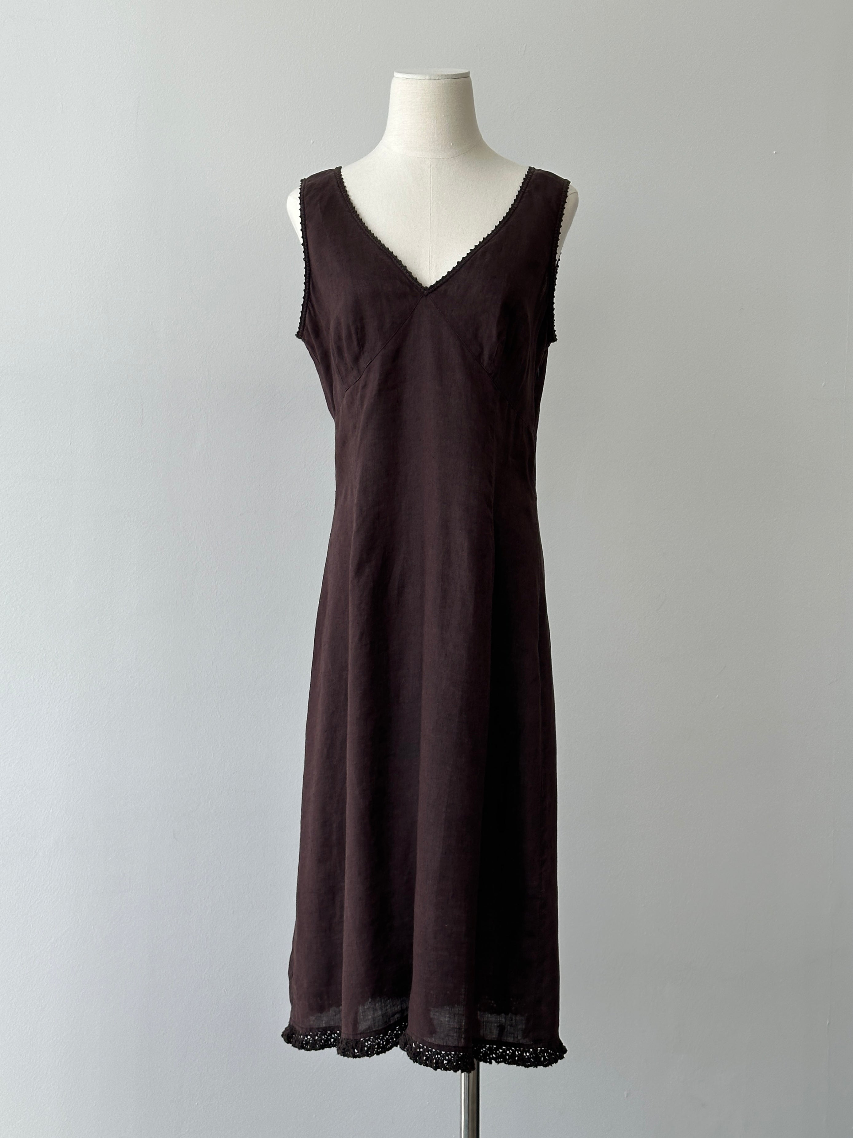 Vintage 2000s Pure Linen V Neck Midi Dress - M