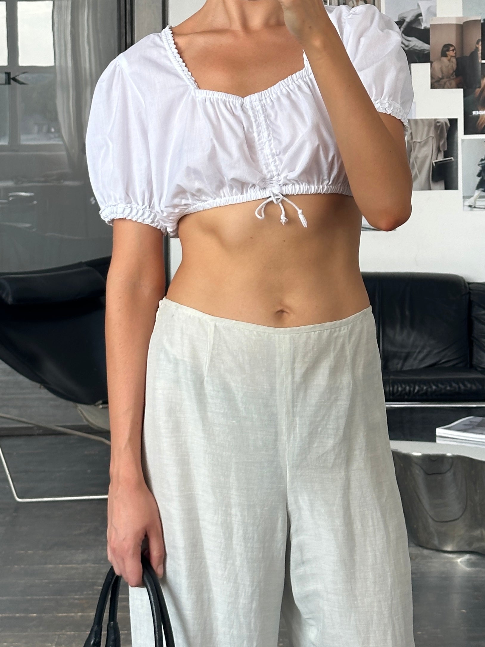 Vintage 2000s Ruched Trachten Cotton Crop Blouse Top - M - SYLK