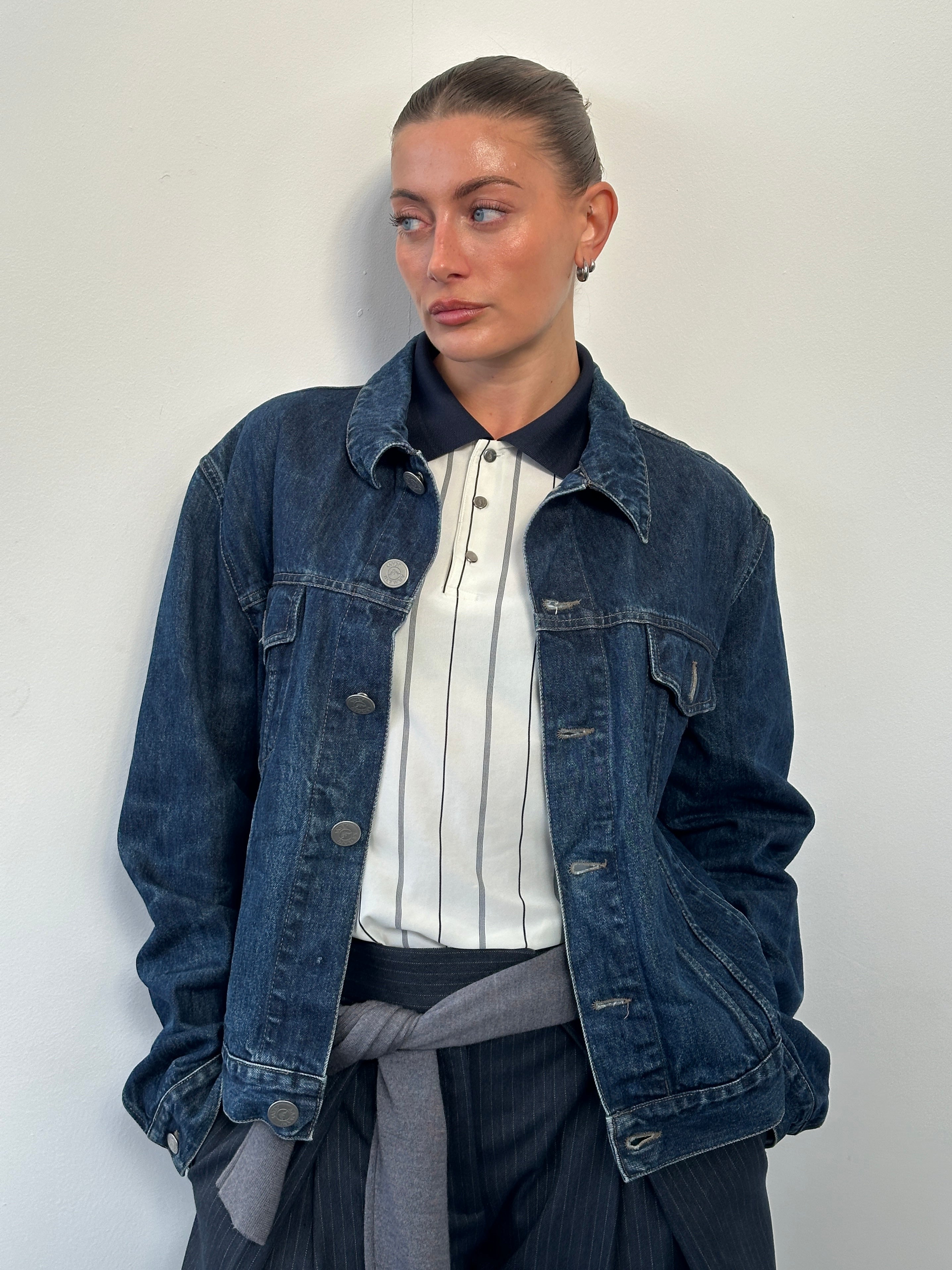 Armani Jeans 1900s mid wash denim jacket, men's size L, stylish casual outerwear with classic denim design and button details.