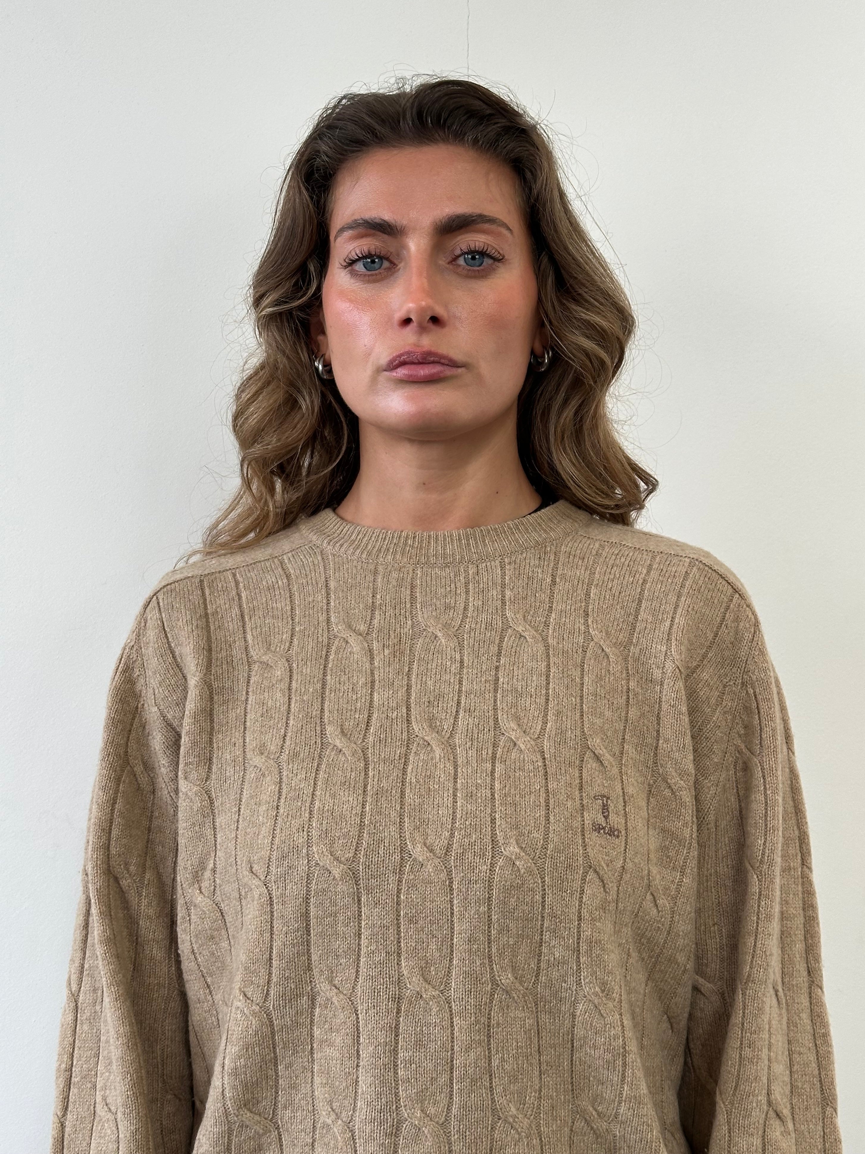 Trussardi pure wool cable knit logo jumper in size L, featuring a textured pattern and brand logo on the front.