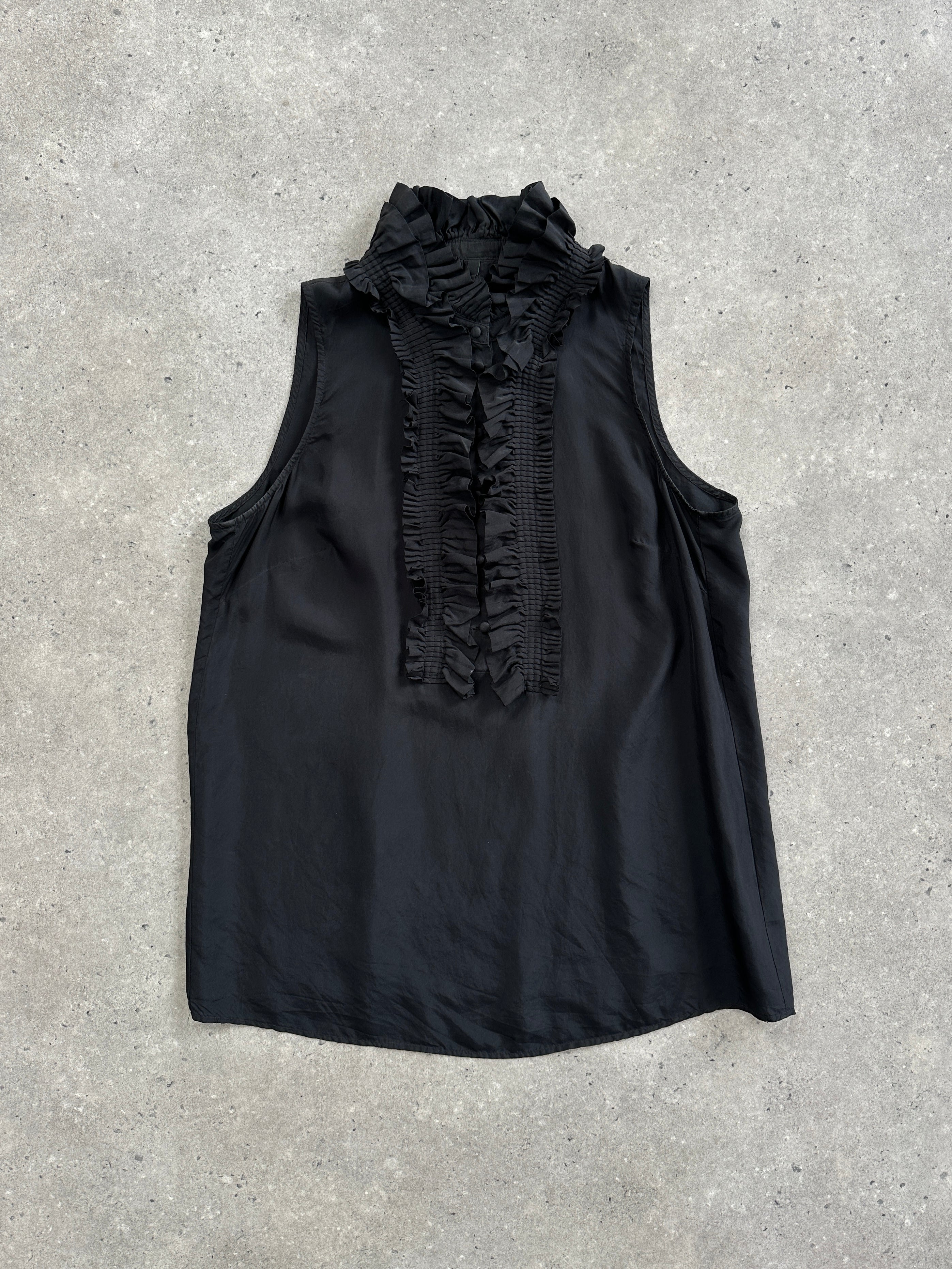 United Colors of Benetton 2000s pure silk sleeveless ruffle tank top in white with delicate ruffle details.