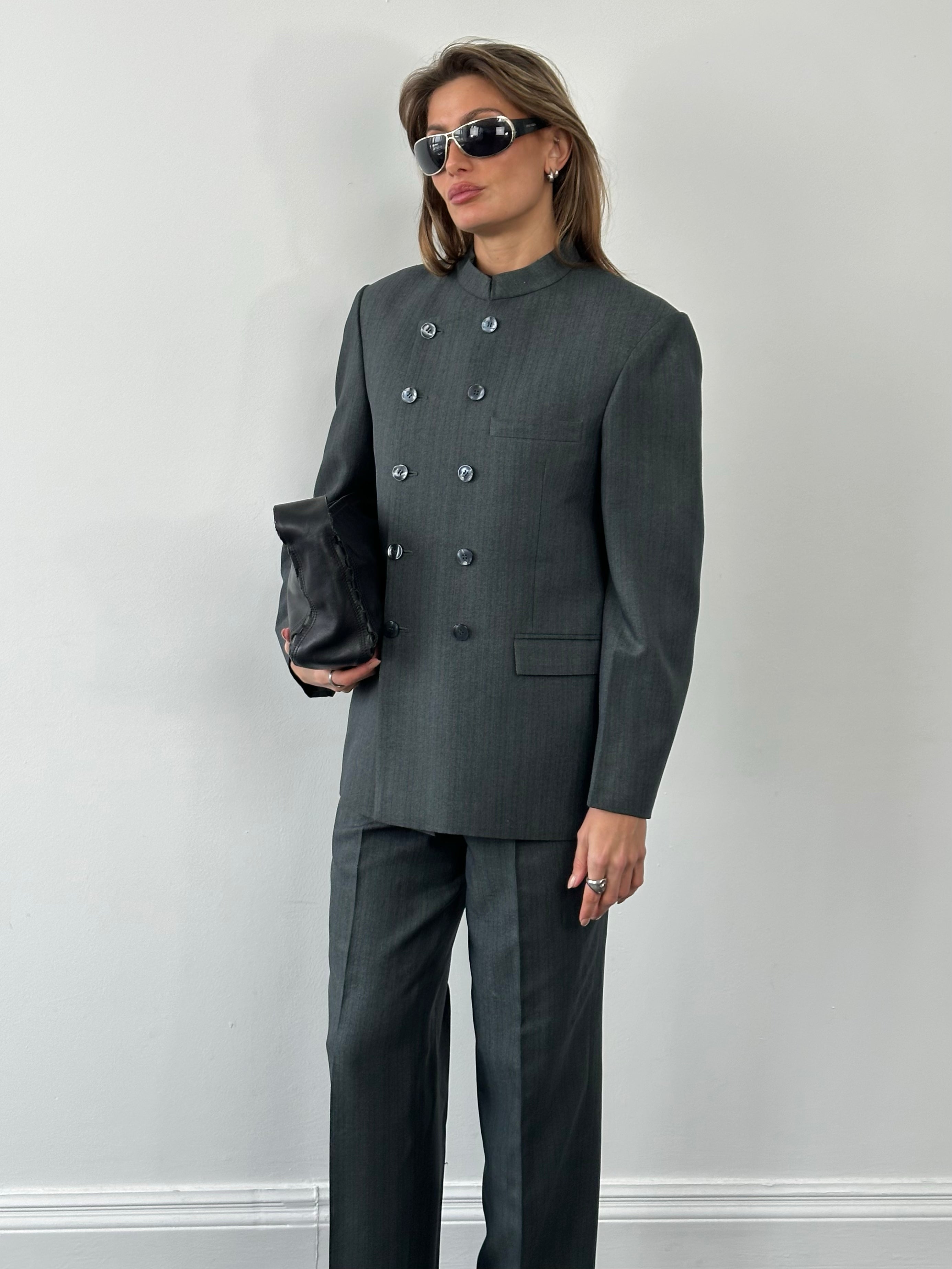 Vintage 1990s Stand Collar Double Breasted Stripe Suit - M