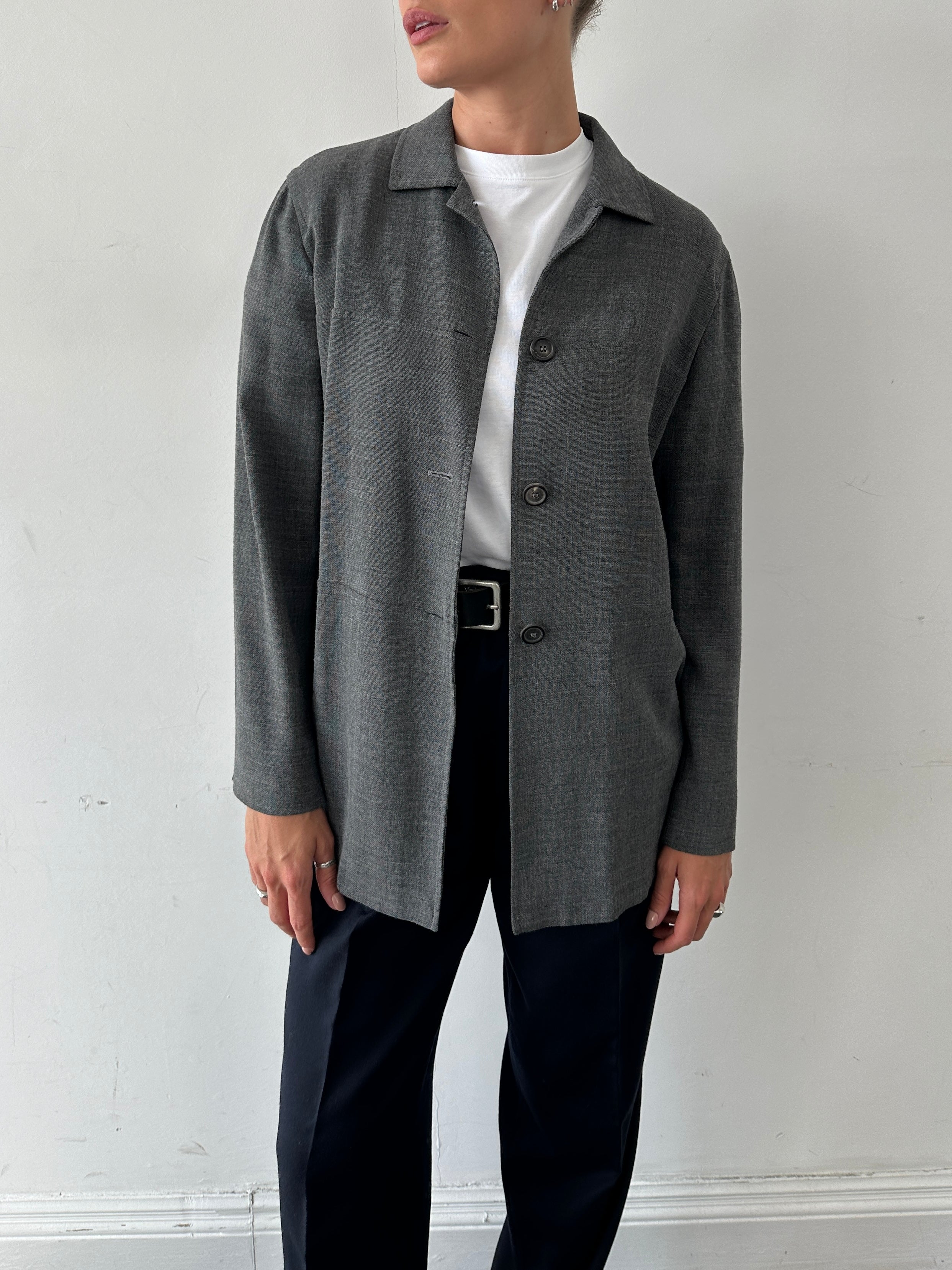 Marella minimal wool lightweight jacket in size L, featuring a sleek design with a smooth fabric finish.