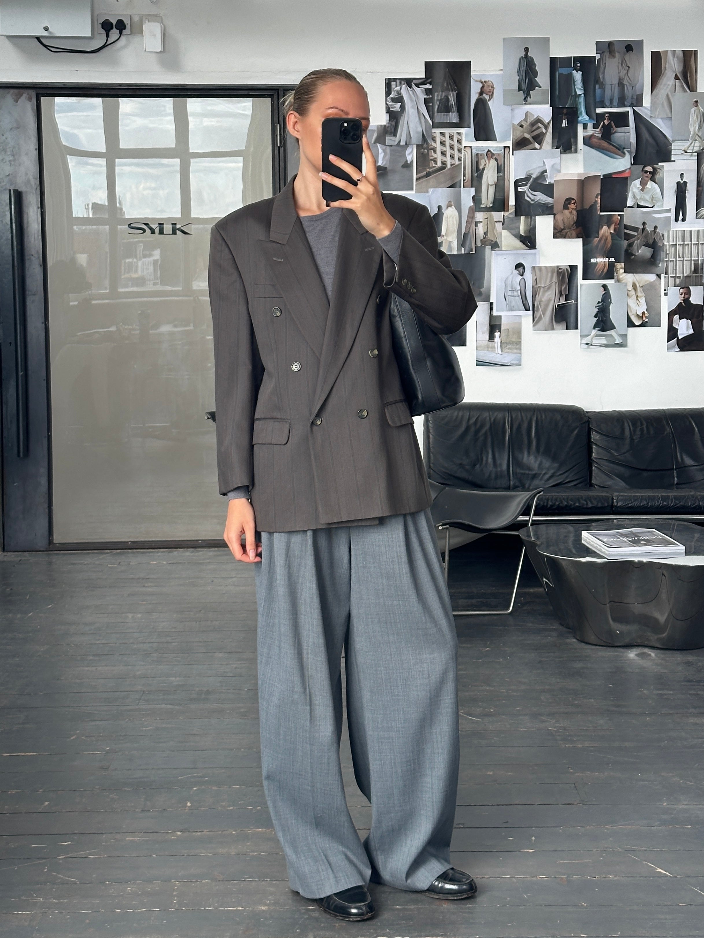 Pierre Balmain 1980s pure wool double-breasted blazer in size 40S/L, shown on a hanger with classic tailored details.
