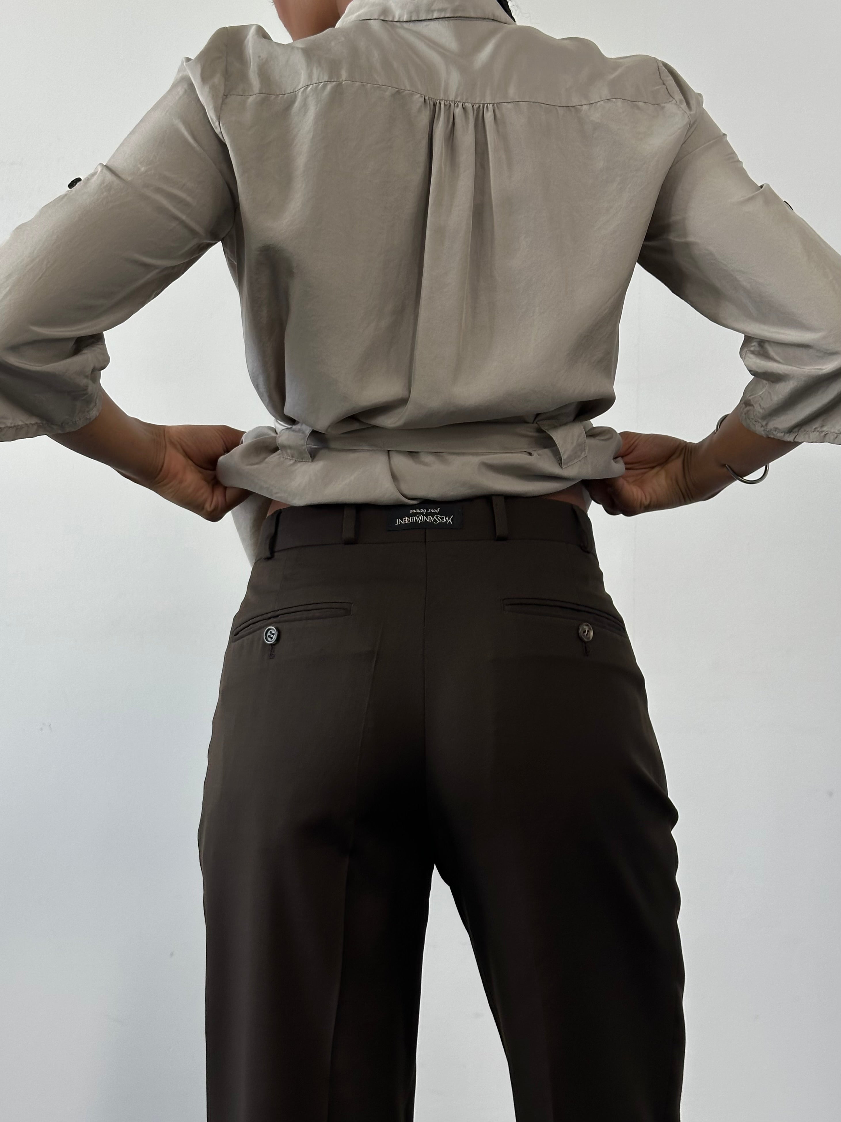 Yves Saint Laurent Pour Homme 1990s tailored wool trousers in dark fabric with a classic fit, size W28.