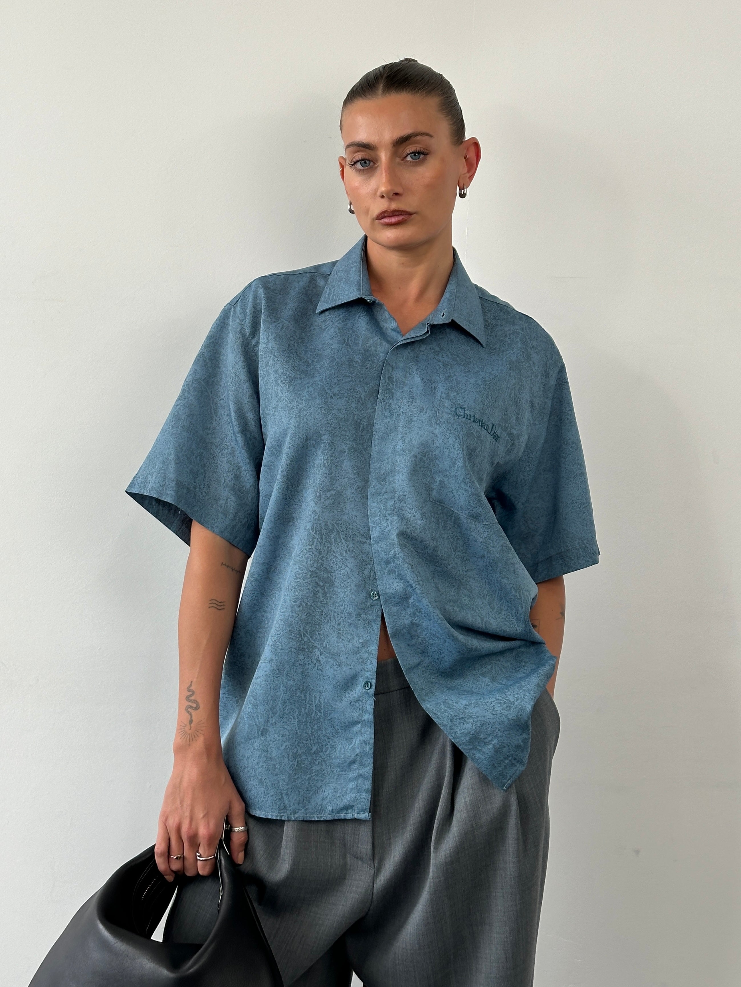 Christian Dior Silk Print Short Sleeve Logo Shirt - L | SYLK