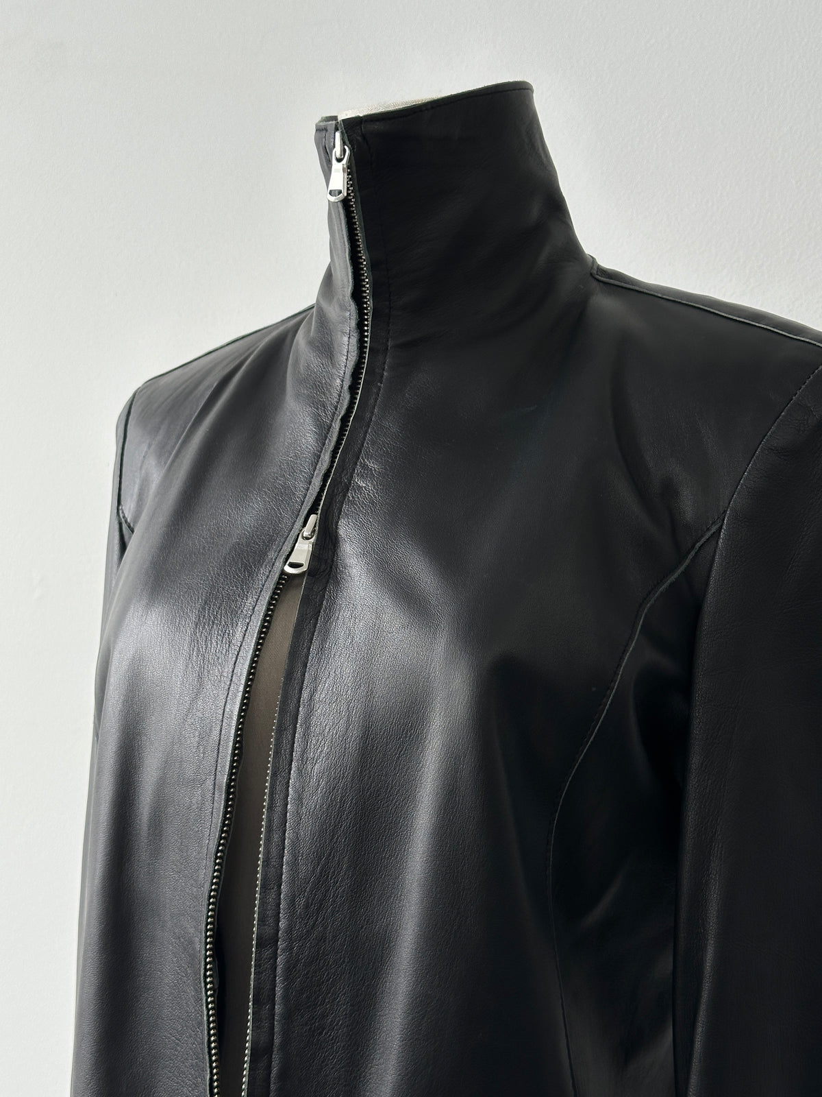 Vintage 1990s High Neck Double Zip Leather Jacket - S