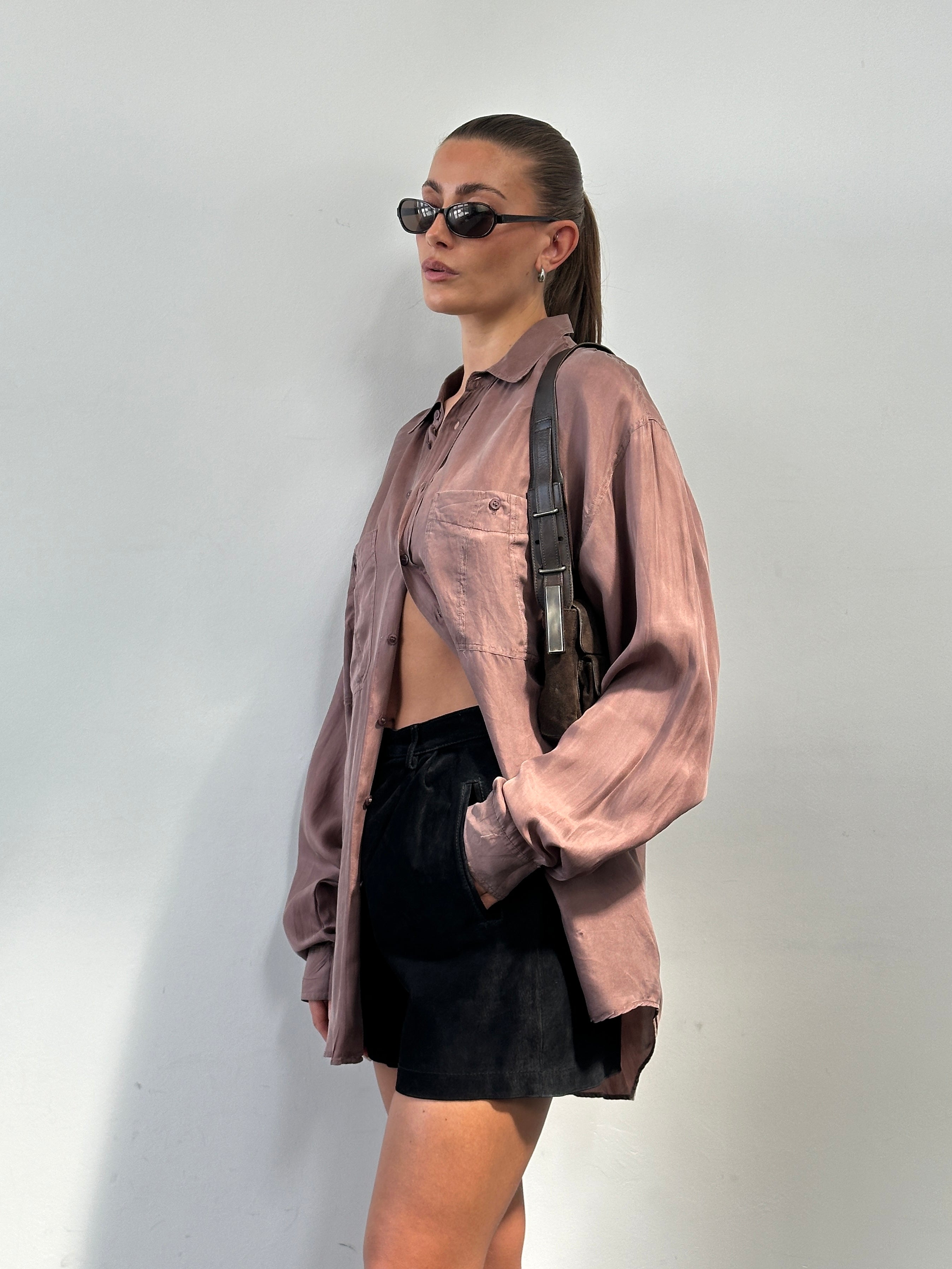 Vintage 90s pure silk shirt in size XL, featuring a classic design with a smooth, luxurious fabric and a relaxed fit.