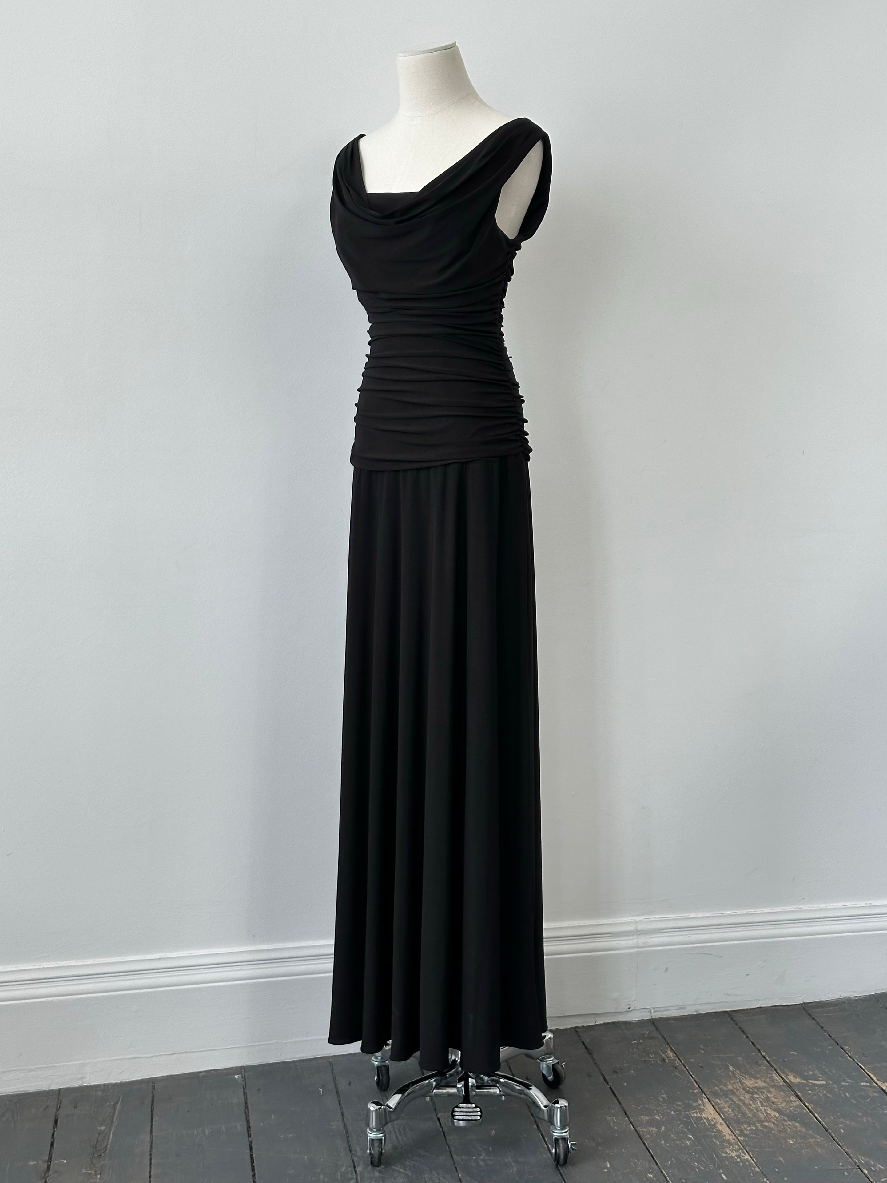 Vintage 1990s cowl neck floor-length fitted dress in black, with a stylish silhouette perfect for retro-inspired fashion.