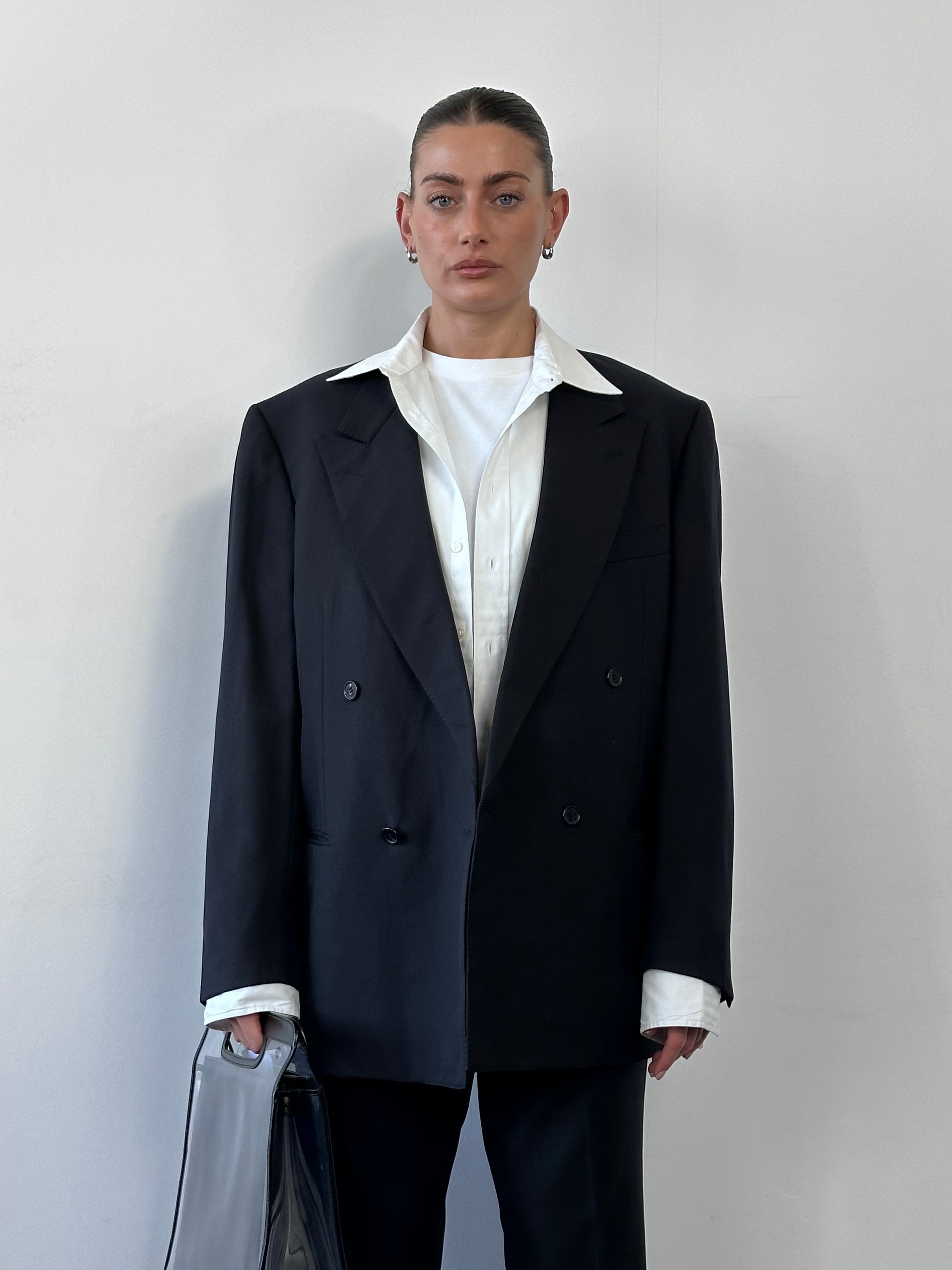 Yves Saint Laurent Diffusion Hommes 1980s pure wool double-breasted blazer in size 42R/XL, featuring classic tailored design.