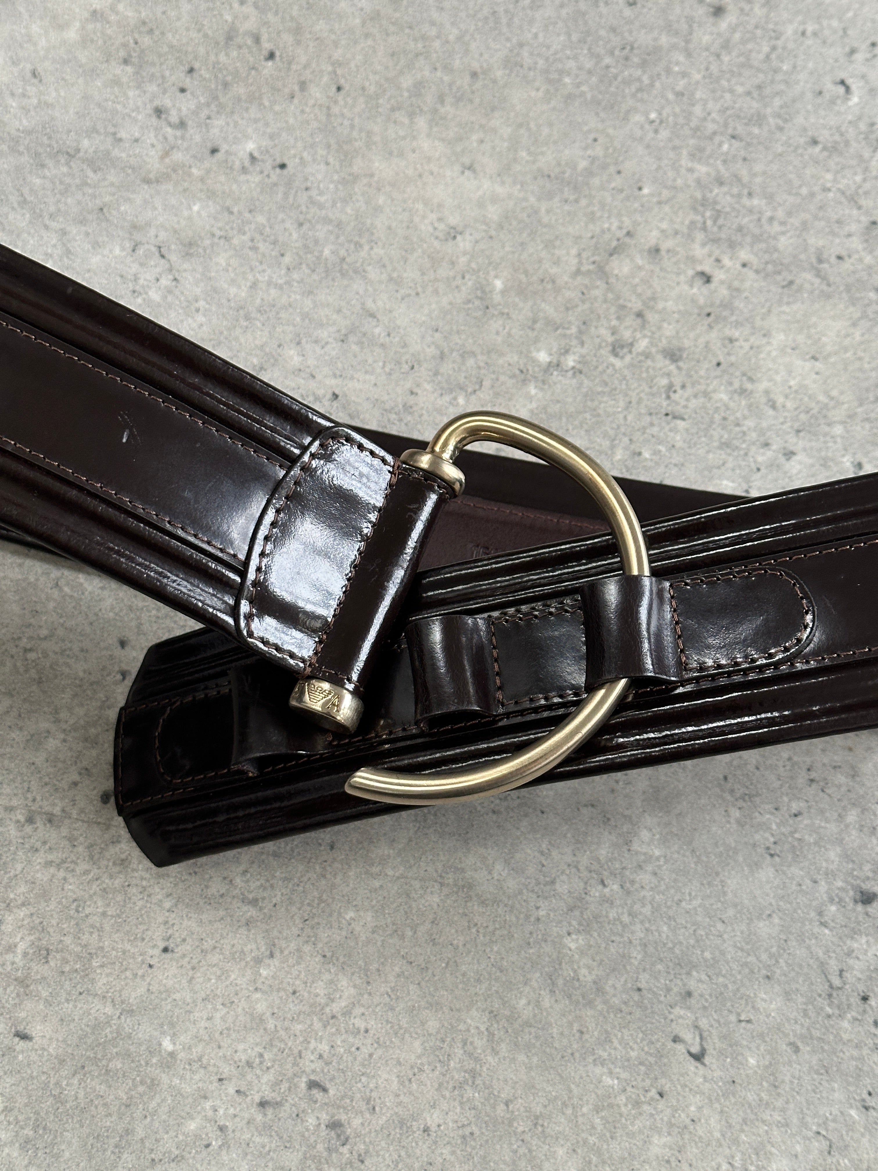 Emporio Armani leather D-ring belt in black, vintage 2000s style, with silver hardware and adjustable fit.