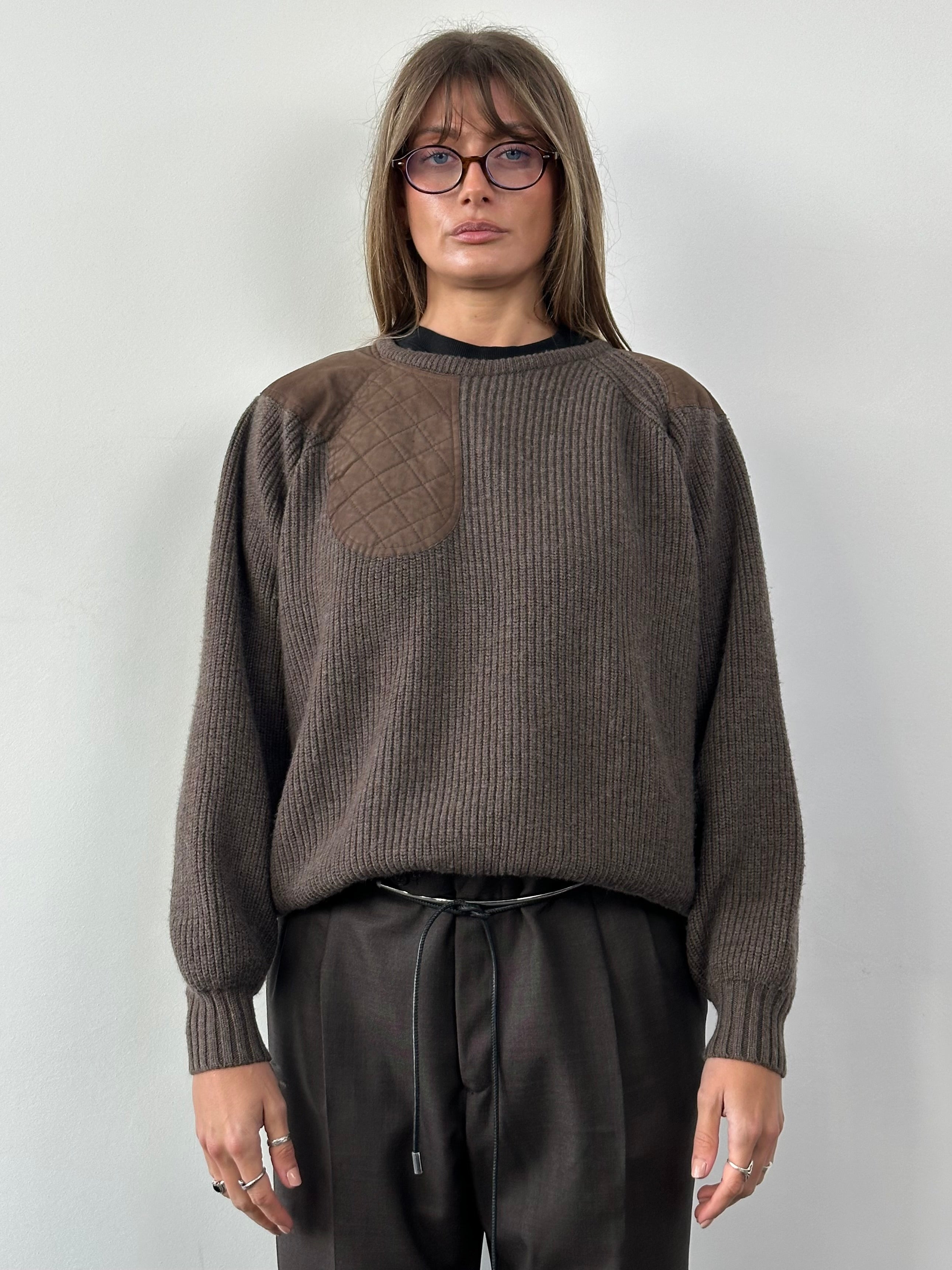 Burberry London pure wool patchwork logo knitted jumper in size M, featuring a multicolor patchwork design and ribbed cuffs.