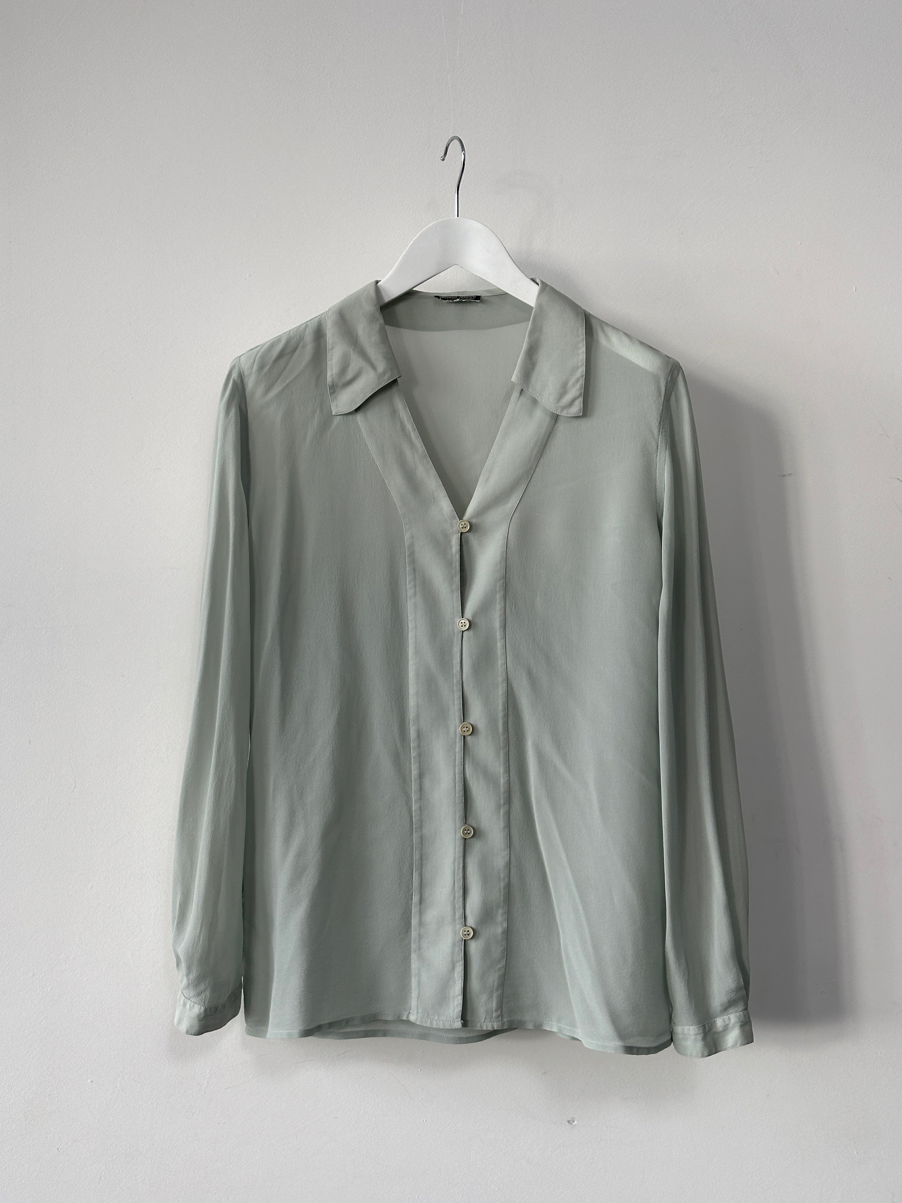 Giorgio Armani Black Label pure silk sheer blouse in black, slim fit, with long sleeves and elegant collar, size small.