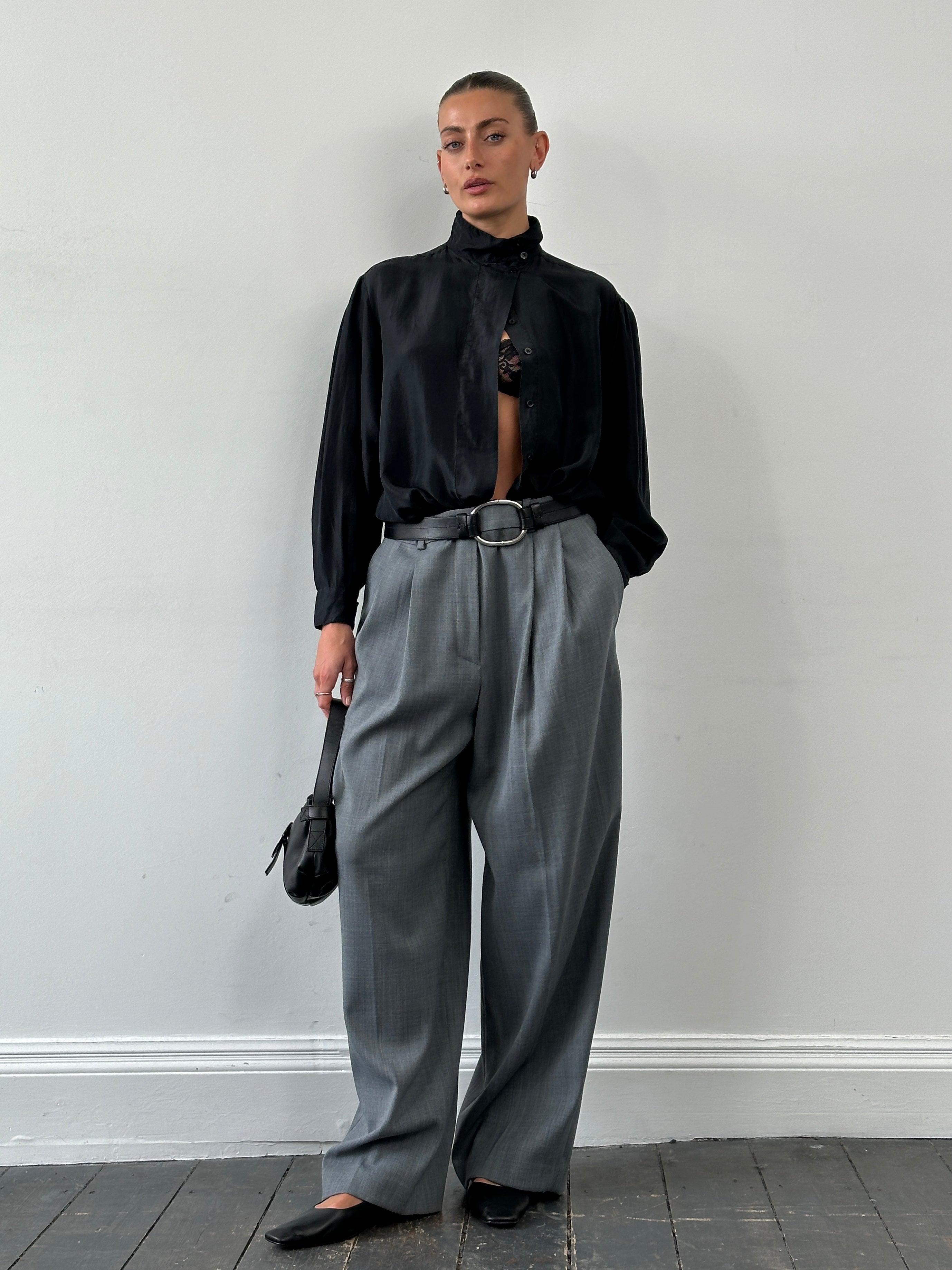 Vintage pure silk high neck shirt in size M, featuring a sleek design and smooth fabric, displayed on a neutral background.