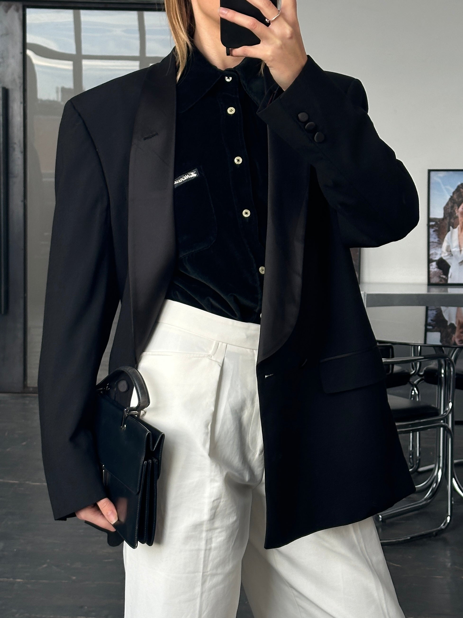 Christian Dior Monsieur 1980s pure wool tuxedo blazer in size 40R/XL, shown on a hanger with detailed lapels and classic fit.