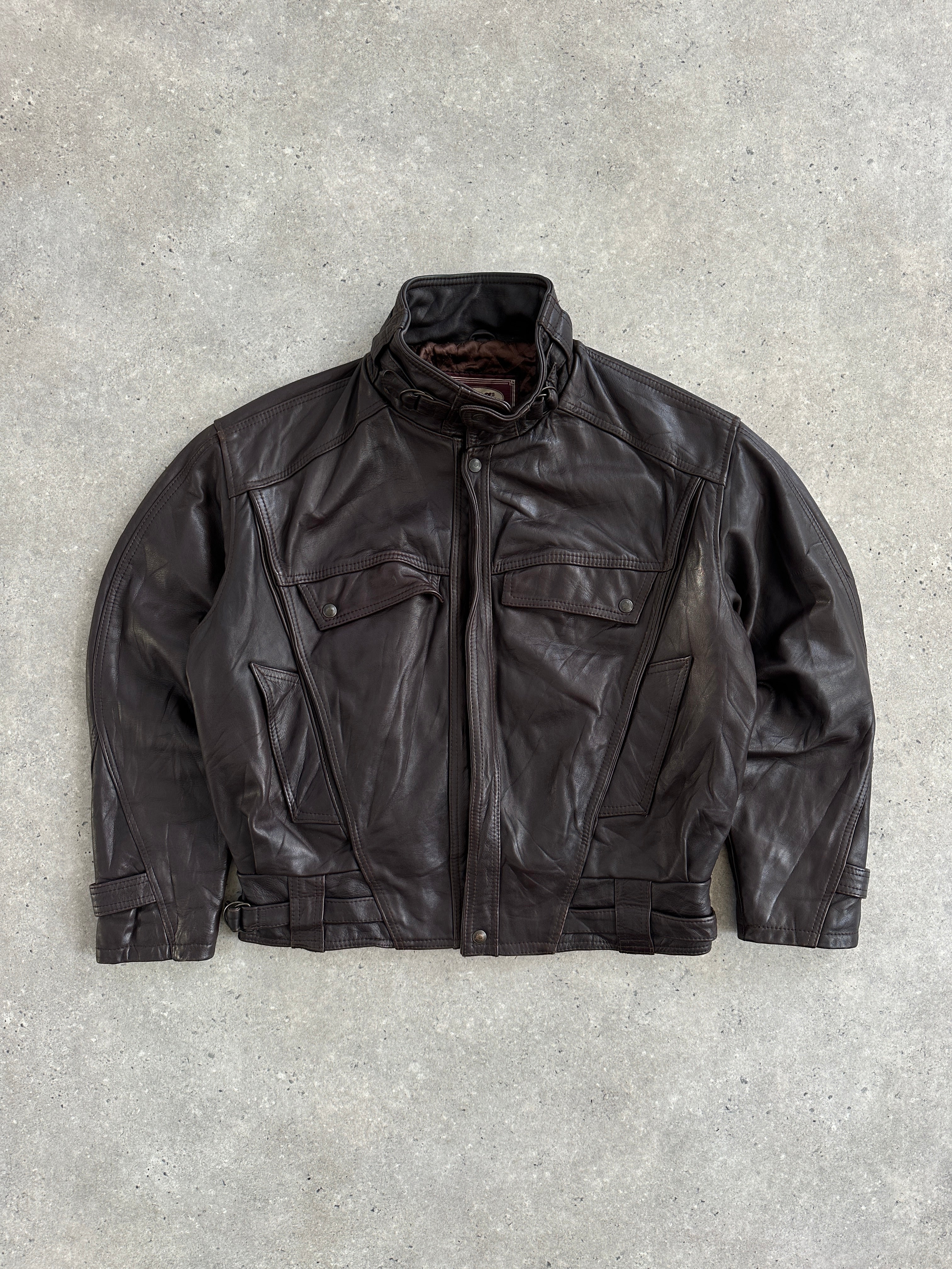 Vintage French 1980s high neck leather bomber jacket, size large, featuring classic design and durable leather material.