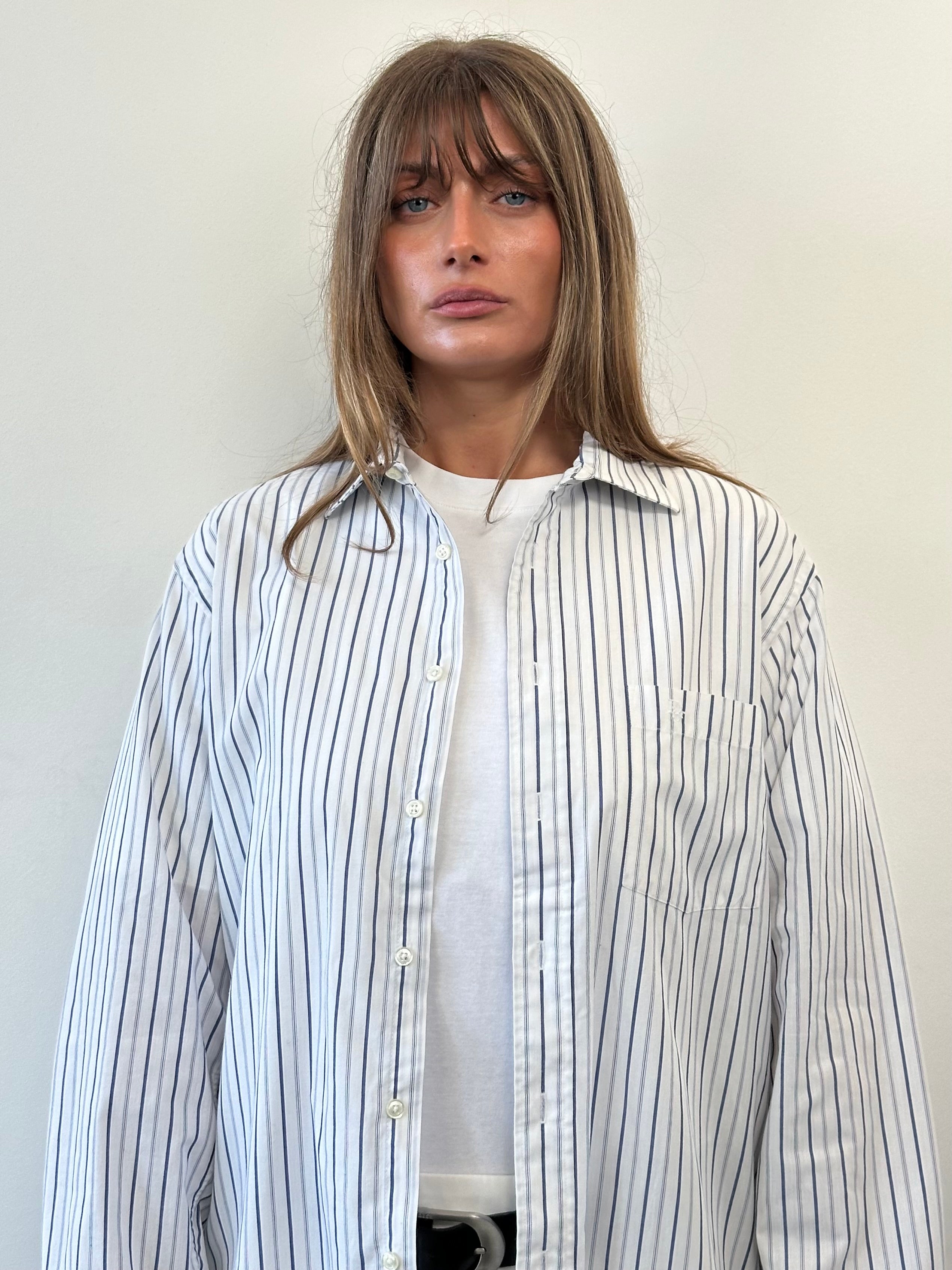 Christian Dior Monsieur cotton stripe logo shirt in size L/XL, featuring classic blue and white striped design and Dior branding.