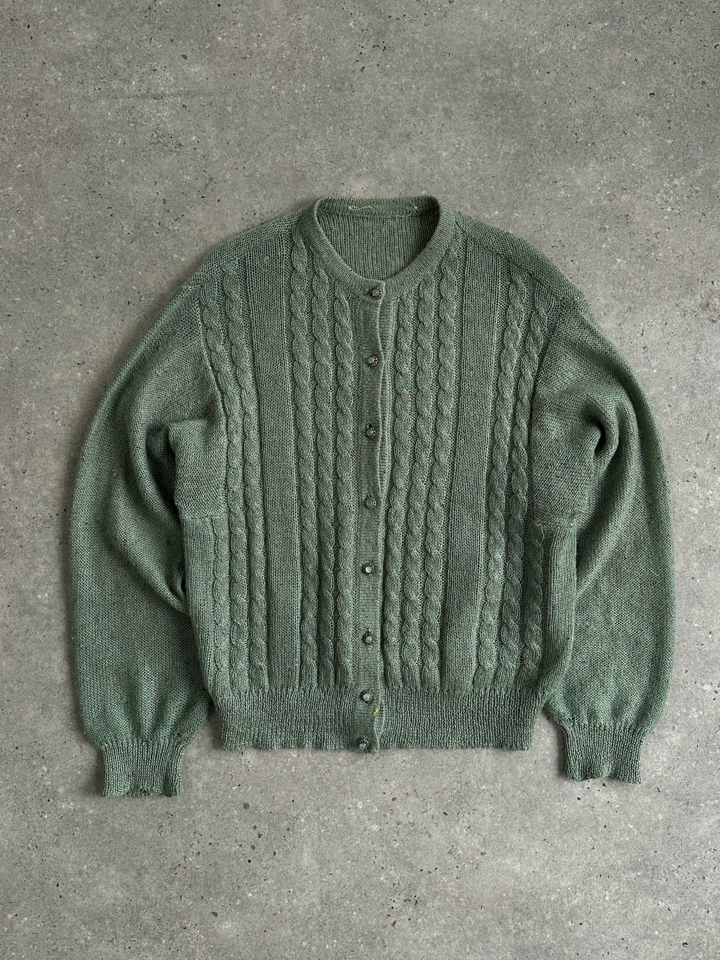 Vintage wool mohair speckle cardigan in size L, featuring a cozy knit with multicolor specks and a classic button-up design.