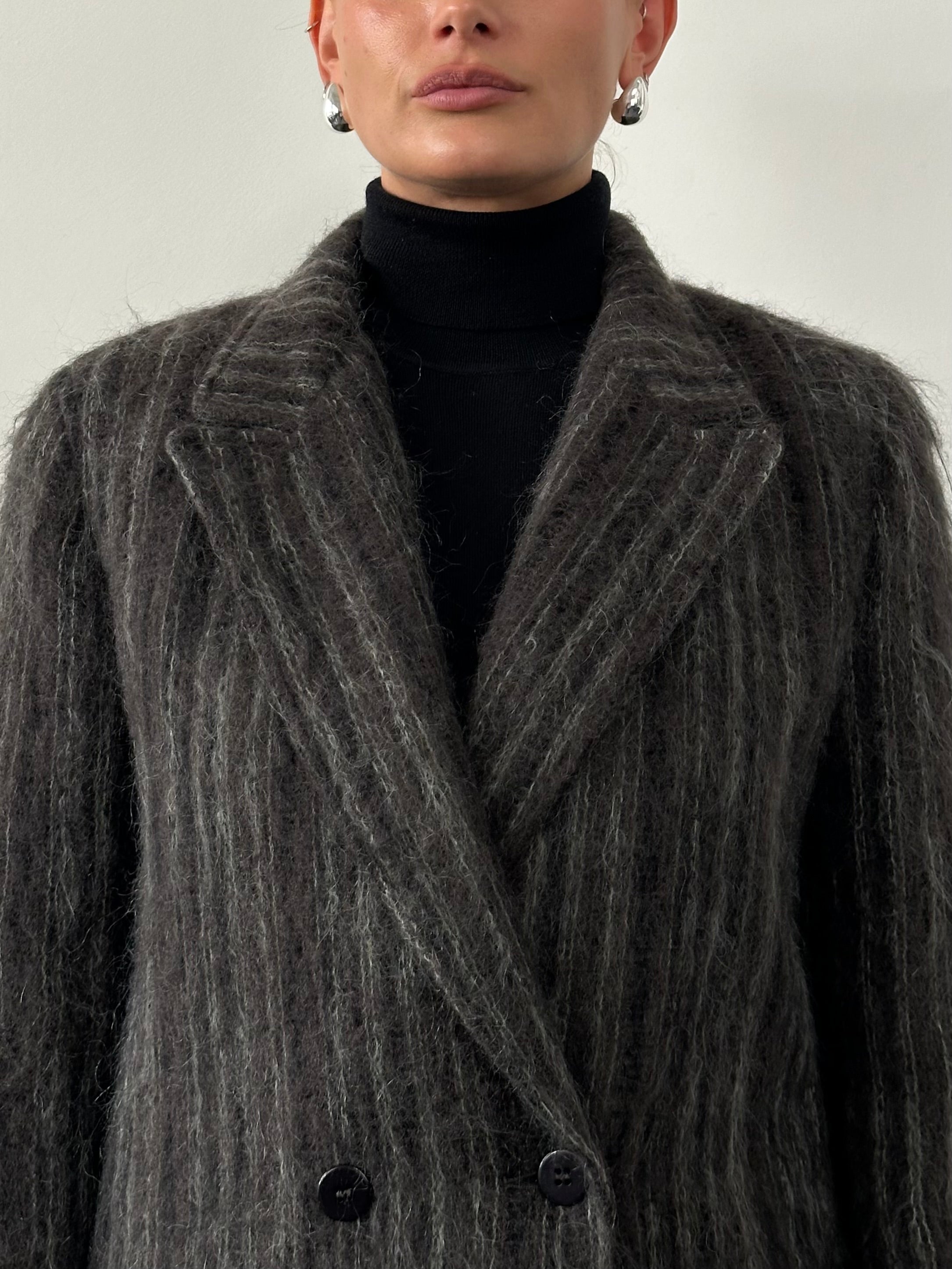 Jaeger mohair fuzzy stripe double-breasted coat in size M, featuring a cozy, textured fabric with bold stripe pattern.