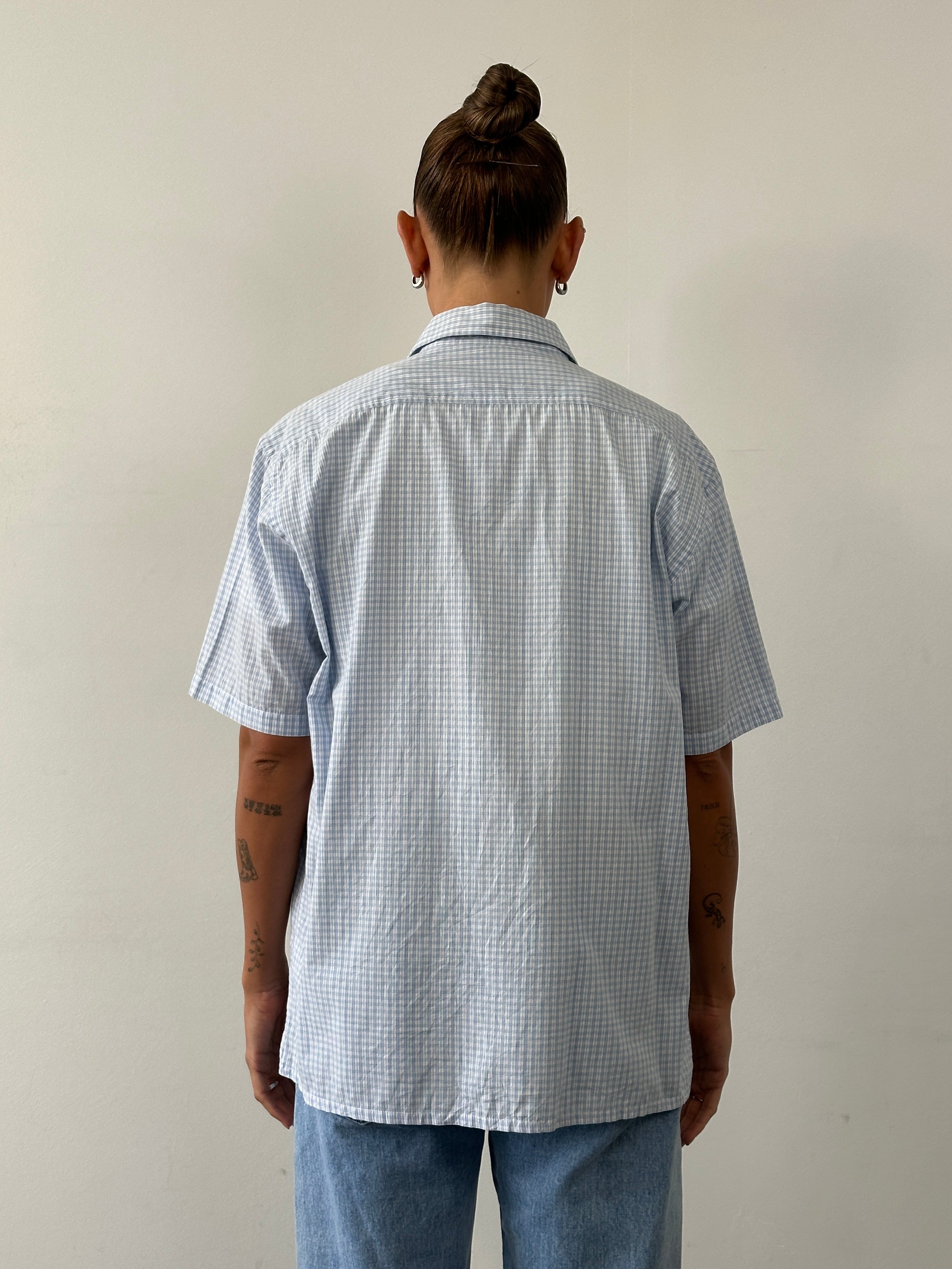 Yves Saint Laurent Pour Homme check logo cotton shirt in size M/L, featuring a classic pattern and tailored fit.