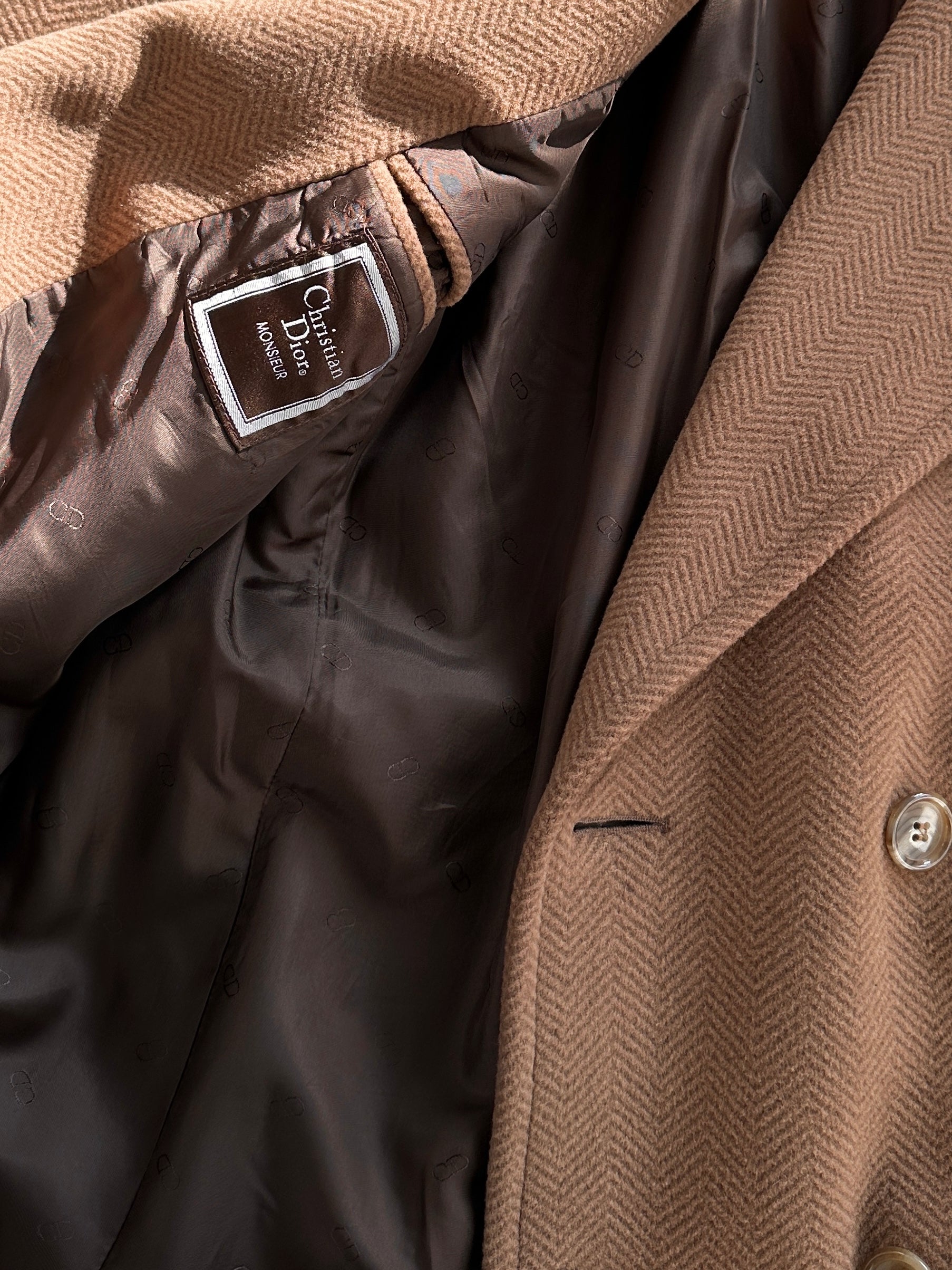 Christian Dior belted double-breasted wool coat in size L, stylish and tailored outerwear with classic design details.