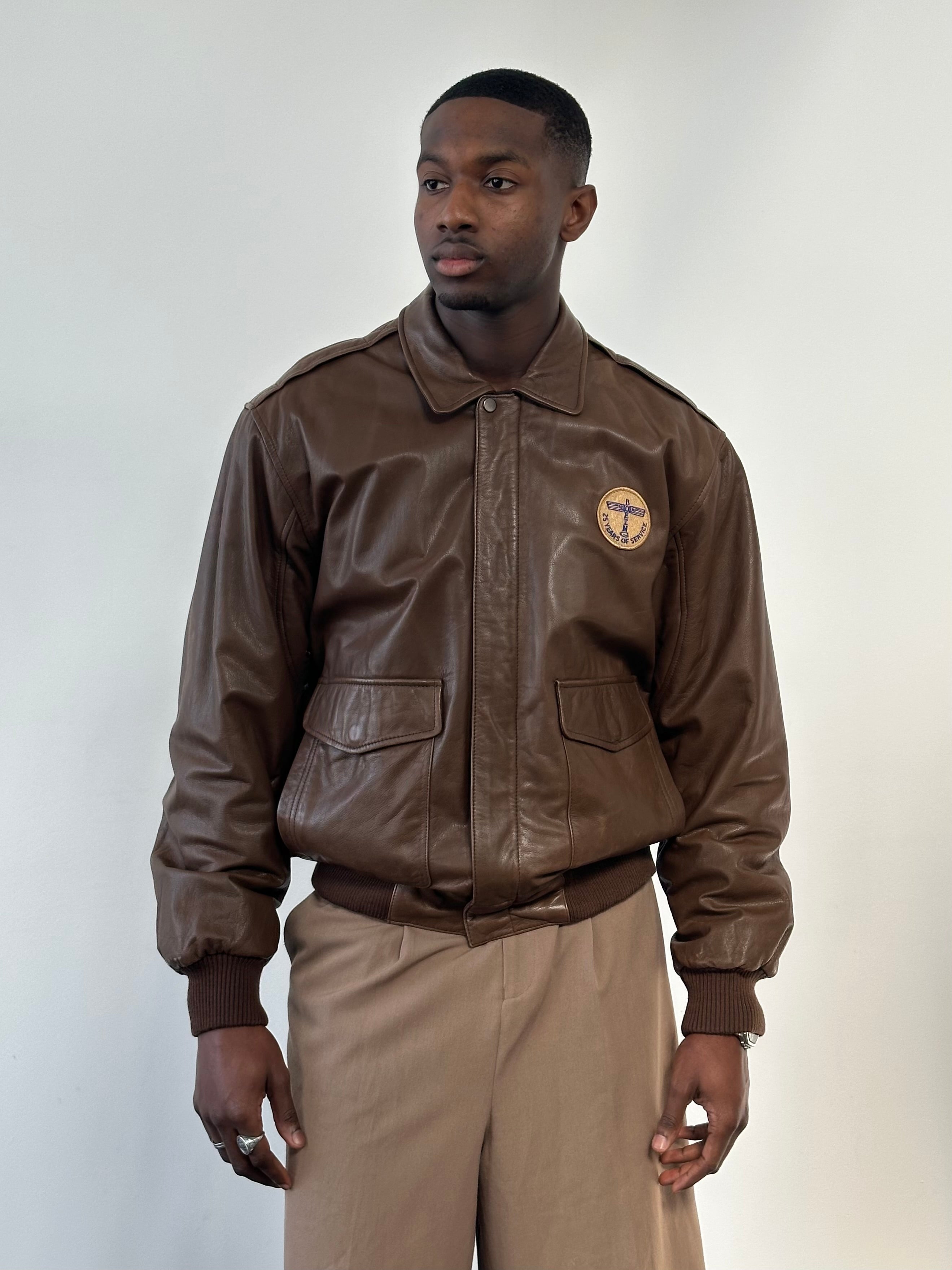 Vintage 1990s  Embroidery Aviator Leather Bomber Jacket - M